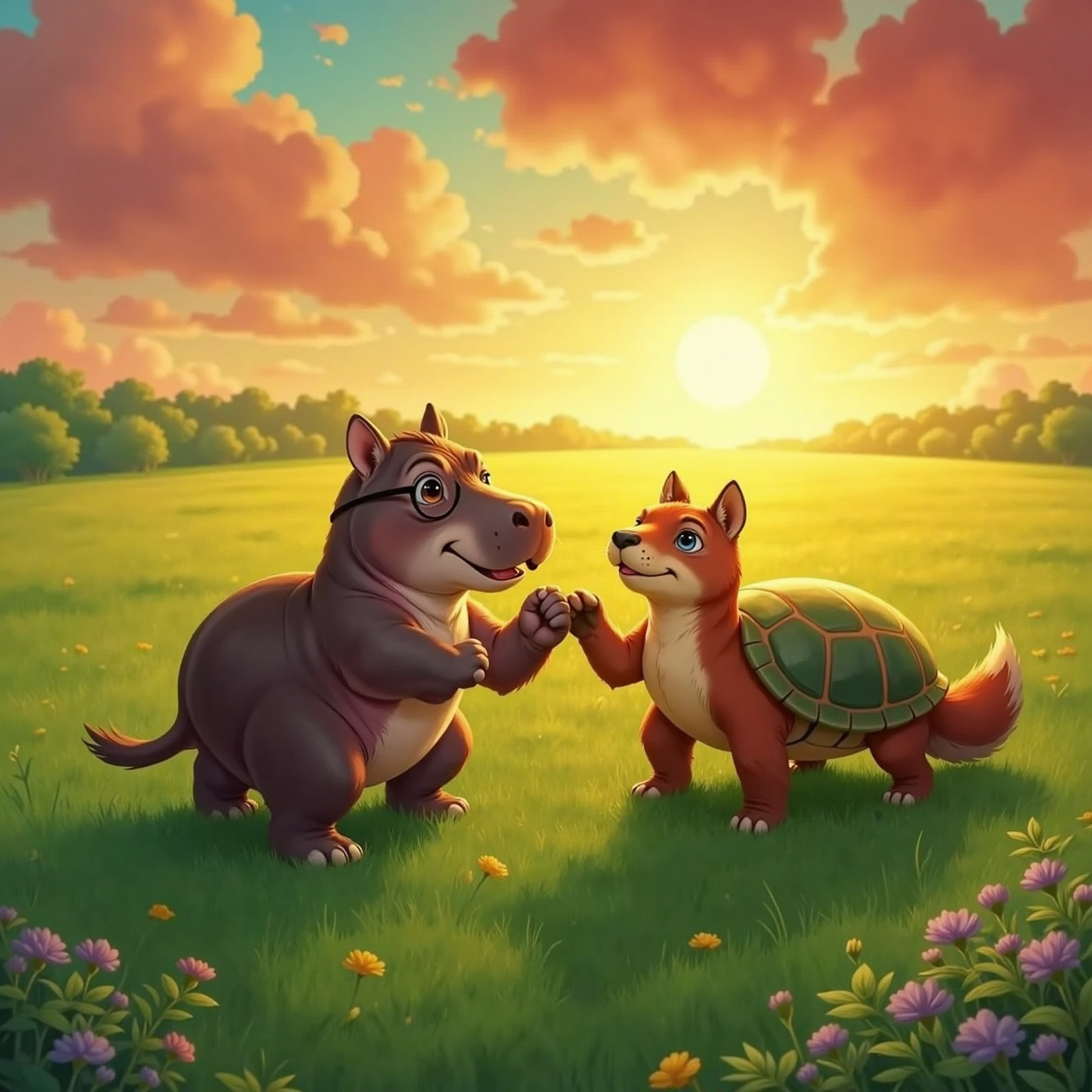On a glowing sunset field, Mikey, Max, and David form a small circle, bumping fist, shell, and paw in promise. Orange and green sky tones illuminate determined smiles and cast long, unbroken shadows behind them.