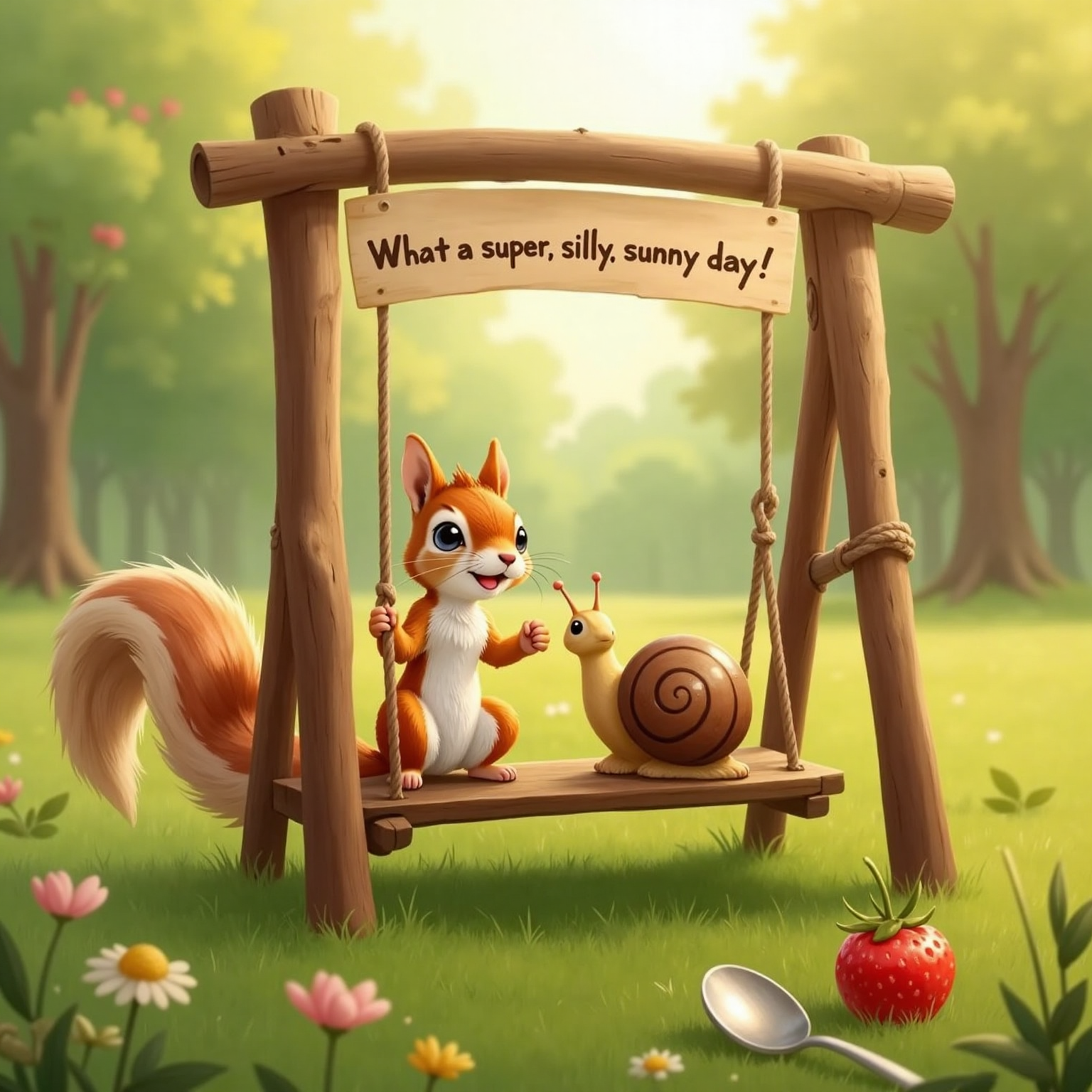 On a sunny grassy meadow at midday, Sally sits cross-legged beside a single strawberry and shiny spoon, waving cheerfully. Snail pauses on the grass near her paw, smiling back, while warm sunlight bathes the bright outdoor scene.