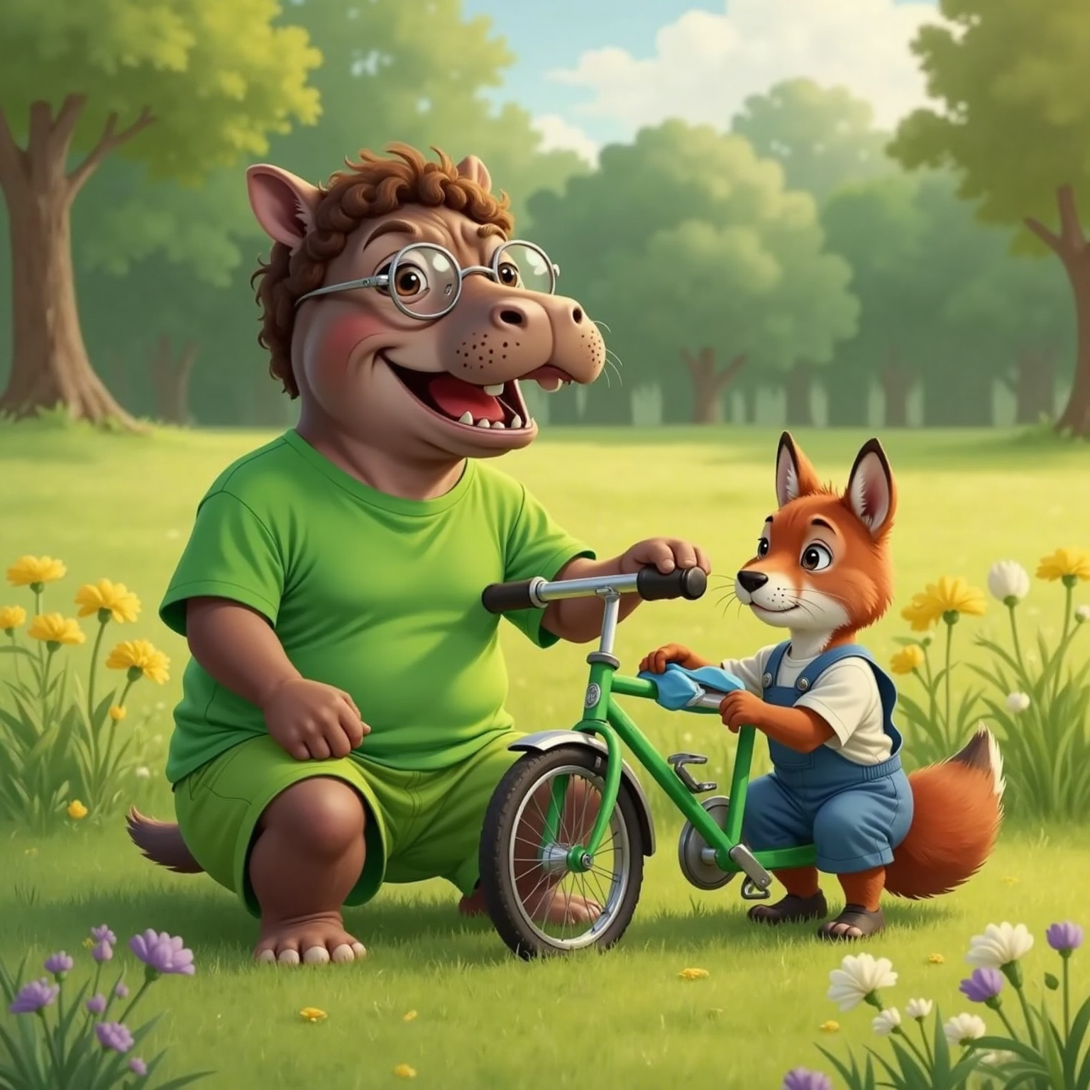 In the sunny park meadow, Mikey sits on soft grass beside his toppled green bicycle, cheeks surprised yet smiling, a small scrape on knee. Nearby, David steadies the handlebars while holding an ice pack, afternoon light warm.