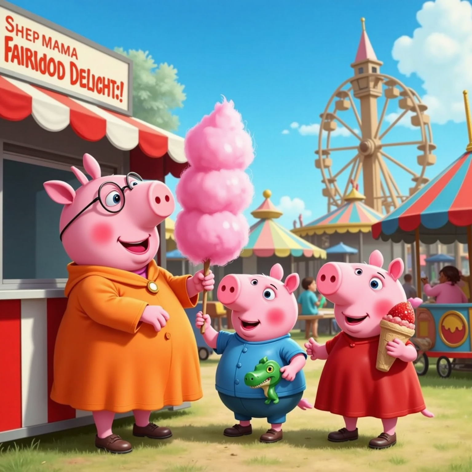 Beside a striped snack cart on the sunny fairground, Lily Pig grins with melting ice-cream while Mummy Pig hands fluffy pink cotton candy to George Pig clutching his dinosaur; colorful rides slow in the background.