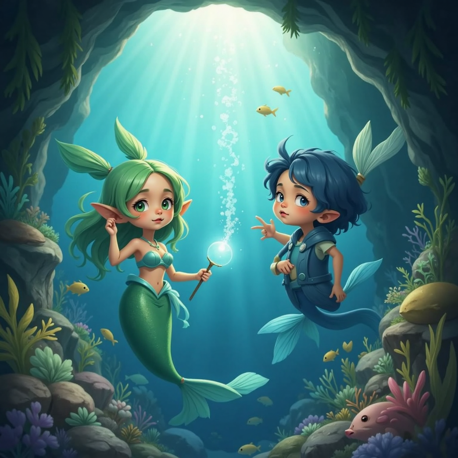 Outside the alcove in open water under muted midday light, Hyacinth raises a translucent bubble shield against advancing metal-clad divers while Dad guides a gentle current around them and Kai’s ribbon trails softly entangle the attackers’ fins.