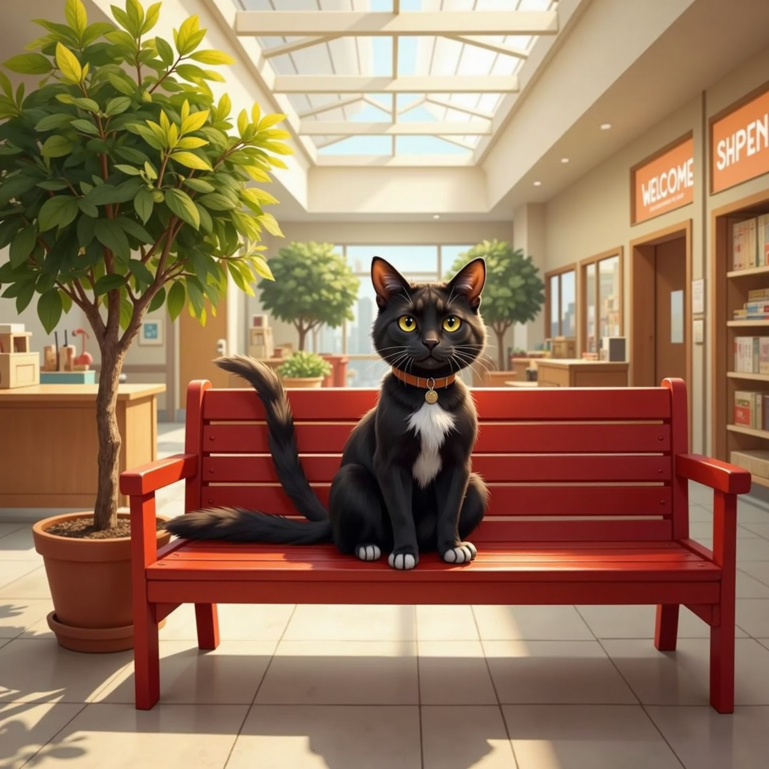 In the store's indoor atrium, Robi sits proudly on a big red bench beside a tall leafy plant, tail sweeping the wood slats. Afternoon light streams through skylights, making his tag glint.