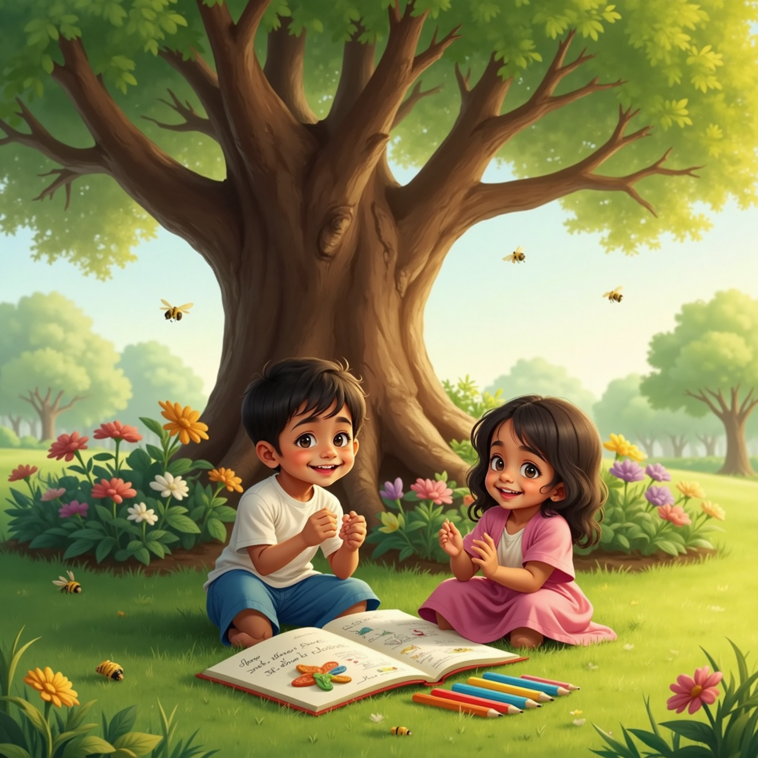 Under the garden’s big tree, Mustafa and Aisha sit cross-legged on grass, sunny afternoon breeze rustling dancing leaves overhead; Mustafa hums while Aisha claps rhythm, an open colorful notebook and scattered pencils between them.