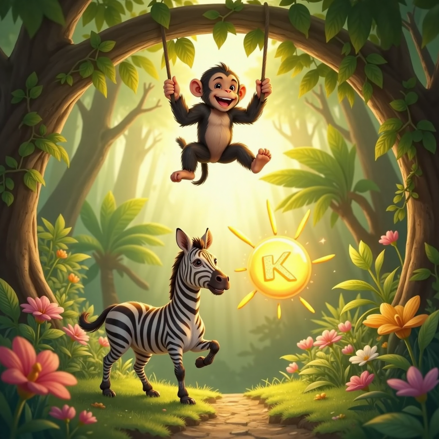From a thick vine arch high in the jungle, Chimi hangs mid-swing counting on his fingers, grin wide. Below, Sunny spins shimmering K–Q letters around Zibi, who leads a dancing line along the trail.