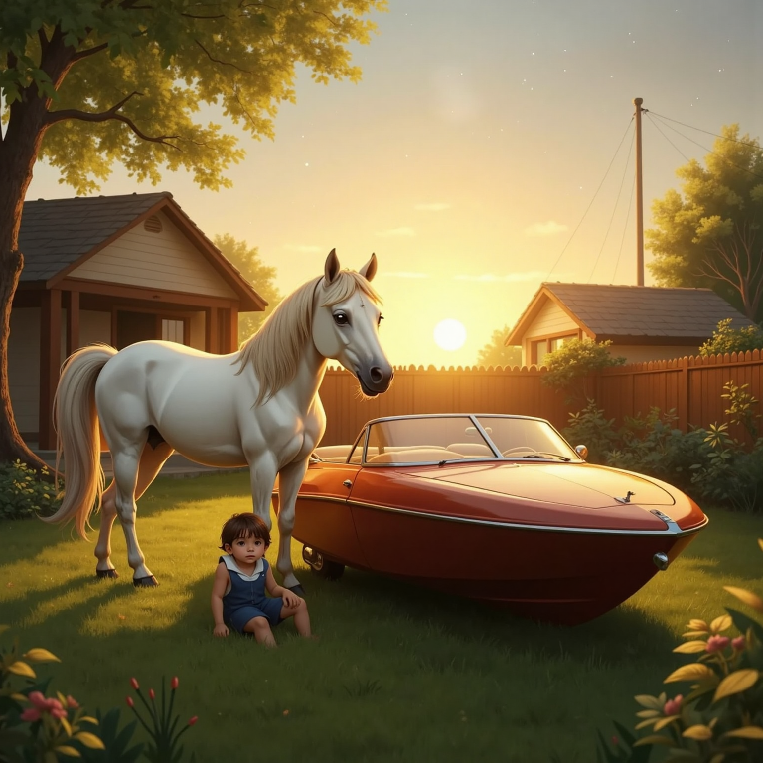 Golden backyard at sunset. Skaf rests on grass, Skrepi’s arm lowered beside him, while Kali i bardh stands peacefully, all bathed in warm fading light beneath first appearing stars.