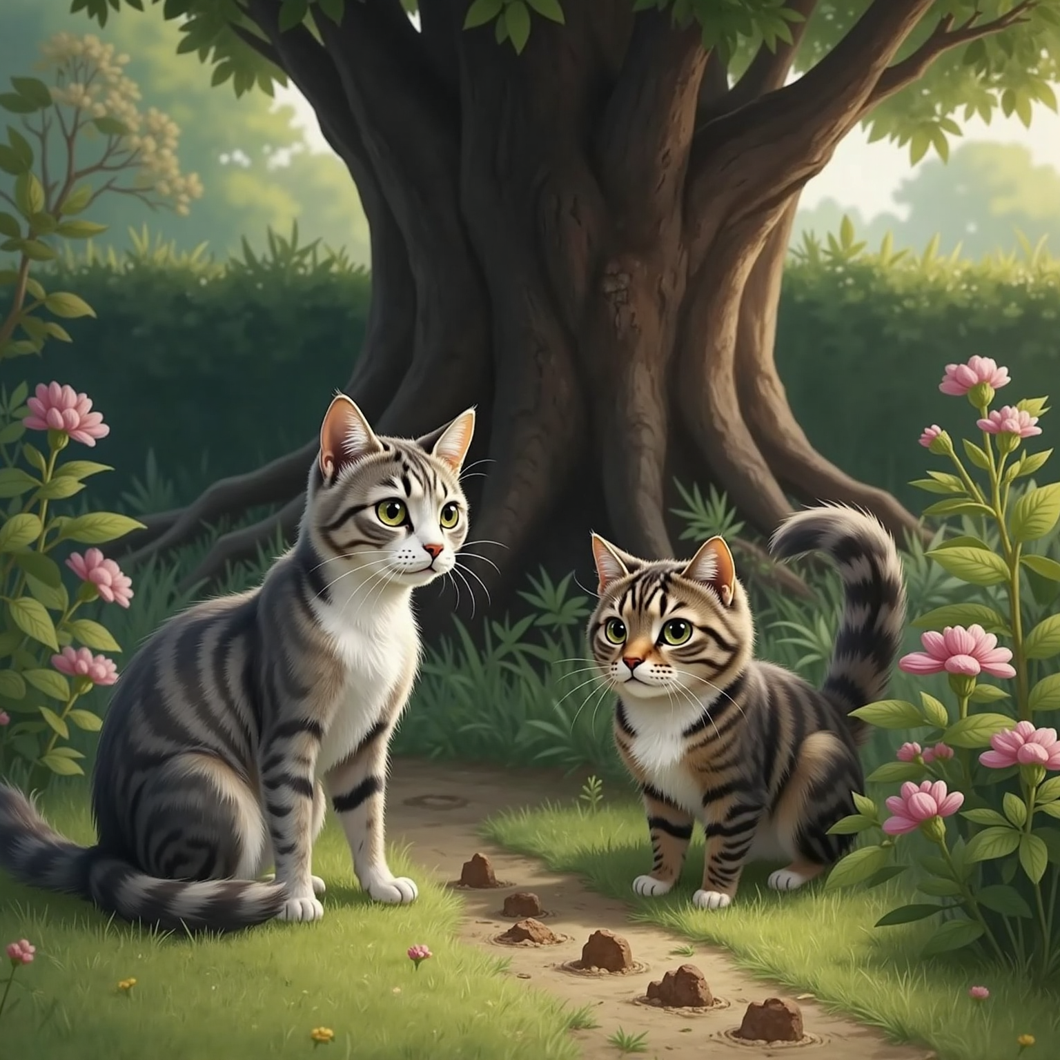 At the garden’s edge under overcast afternoon light, Mommy Cat studies a line of tiny muddy paw prints leading into shadowy trees. Daddy Cat stands close, tail bristling and eyes alert.