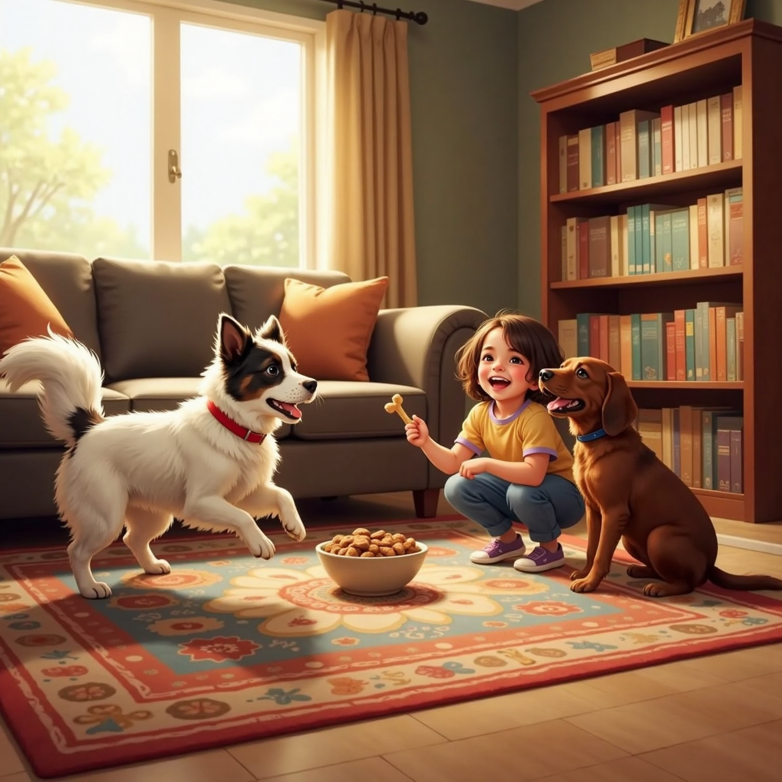 In the living-room afternoon light, Arlo bounds in wide circles over a patterned rug while Koa sits nearby, breathing calmly beside a small bowl of treats. A laughing child kneels, hand poised to offer one.