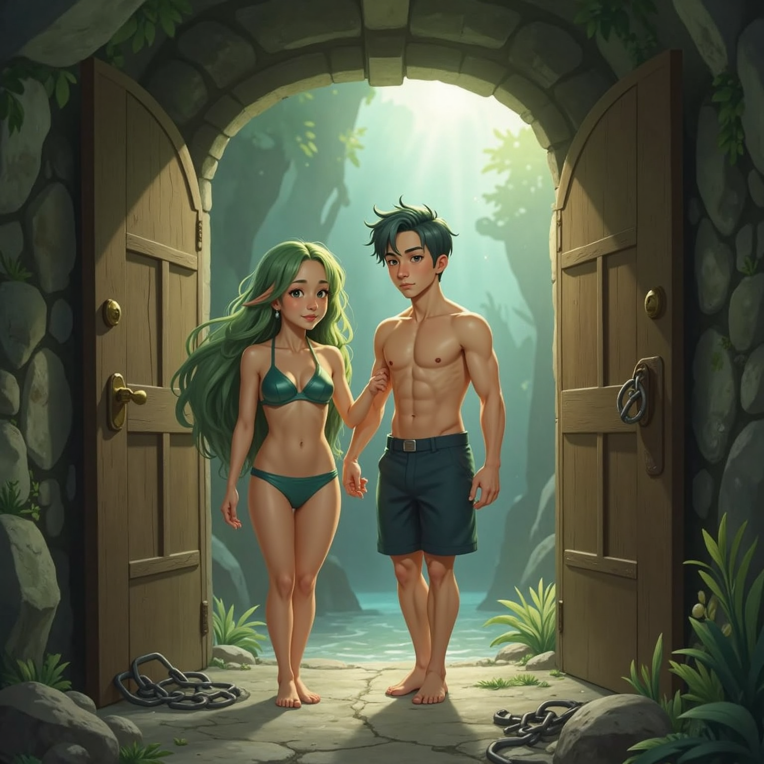 In a narrow stone corridor at dawn, doors sigh open and Hyacinth and Kai carefully escort a groggy smiling Caspian through the threshold, pale morning light filtering down and glinting off freed chains left behind.