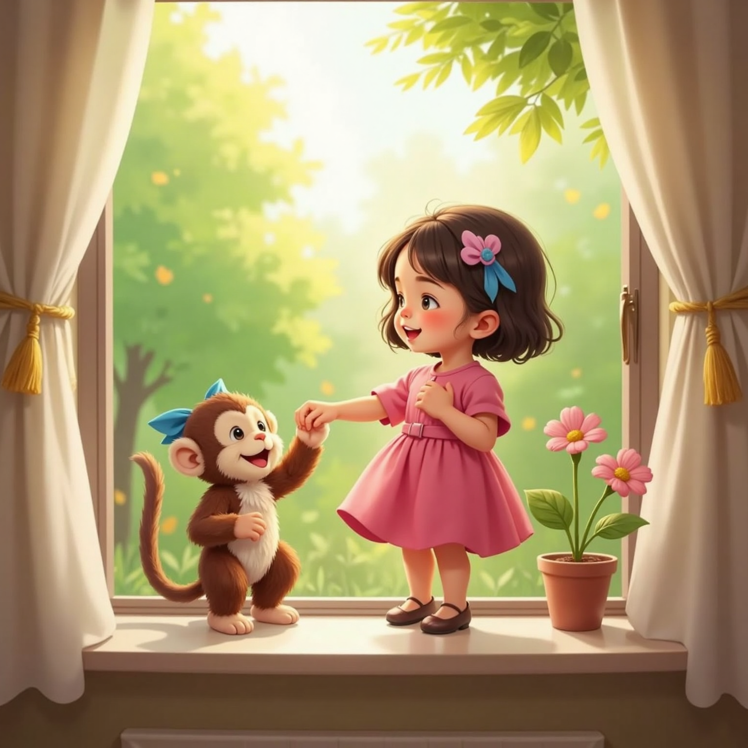 At the open window glowing with late-morning sun, Lila and a stuffed monkey with a blue bow dance hand in paw on the sill, her free hand resting over her heart.