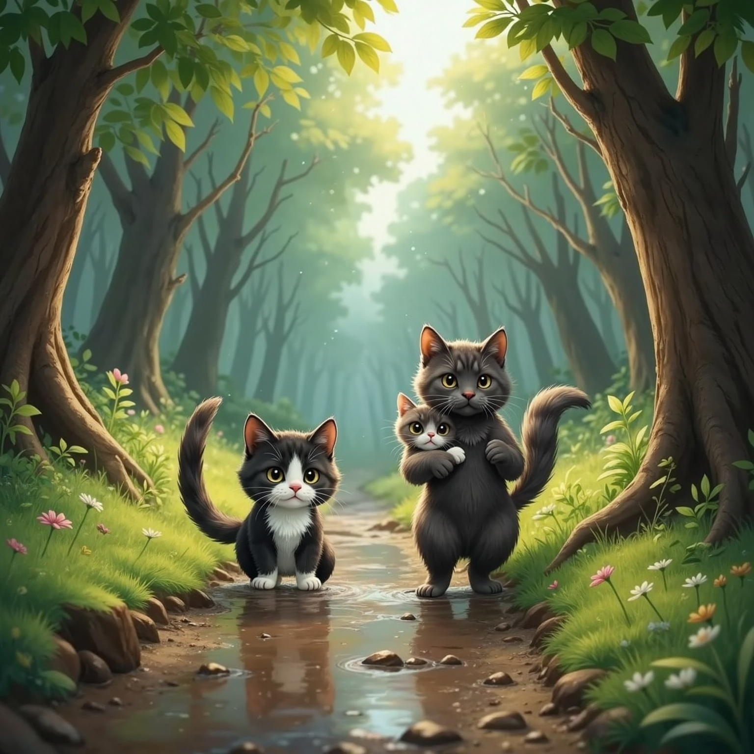 Along a brightening forest trail after rain, Oreo trots ahead tail high. Daddy Cat carries sleepy Hiro gently by the scruff, sunbeams glittering on fresh puddles and dripping leaves.