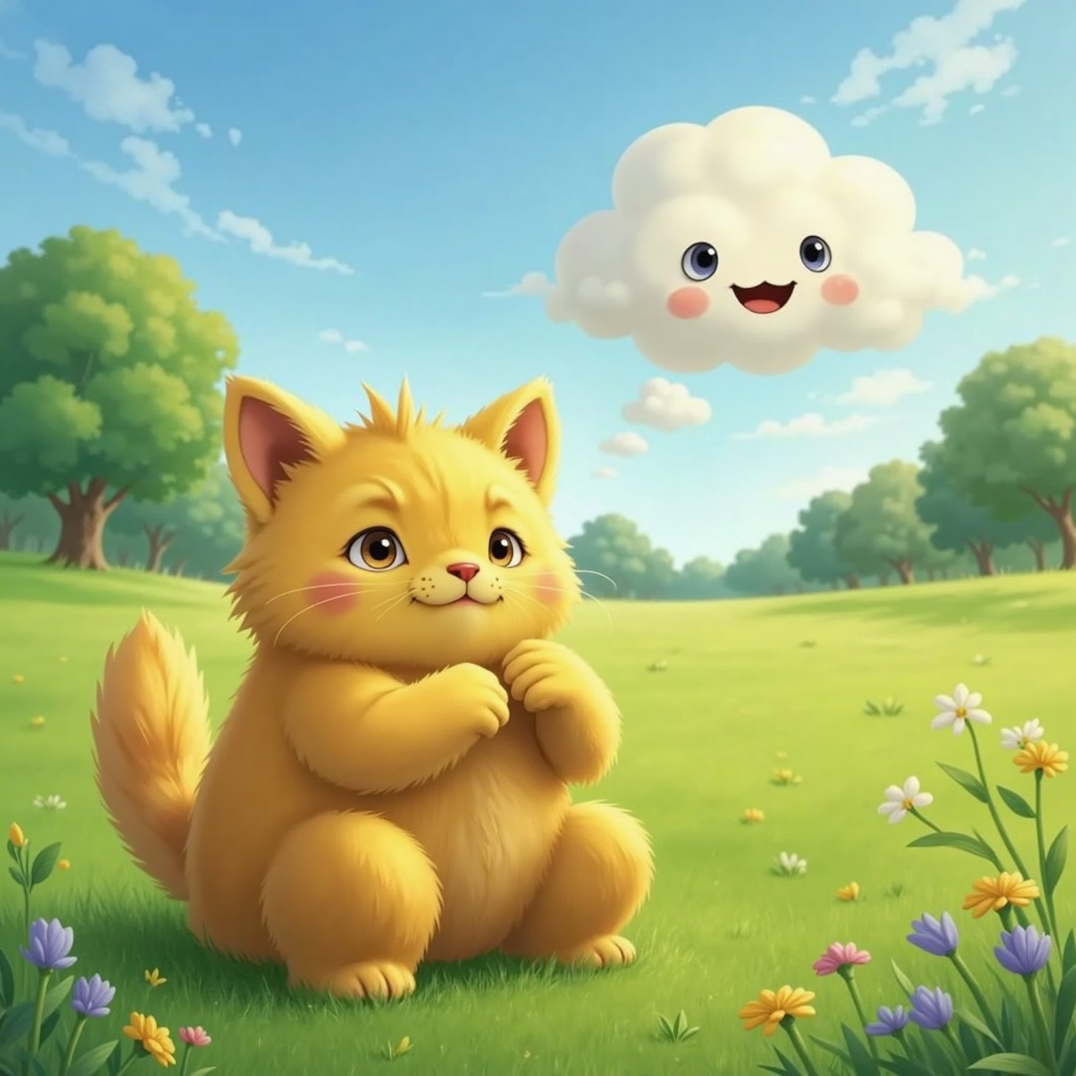 At the meadow's edge in warm daylight, Cloud floats close with a gentle smile as Yelly sits on grass studying her paws, ears drooped.