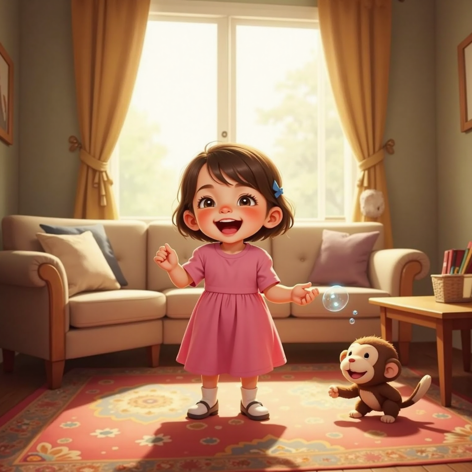 In the living-room, sunlight streaks across the patterned rug as a shimmering bubble pops into sparkling laughter; Lila throws back her head laughing while a stuffed monkey with a blue bow cartwheels nearby.