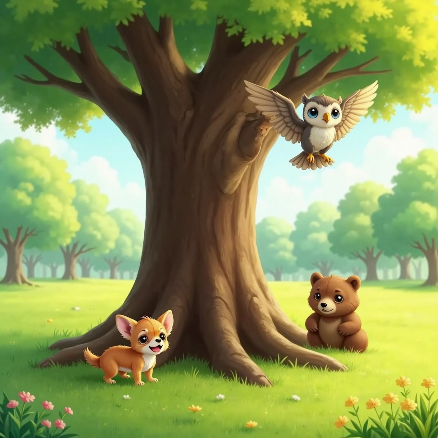 Sunny park clearing with wide oak tree; Fox crouches grinning behind the trunk, one ear peeking out. In midair, Fluffi hovers above whispering, while Buff stands nearby on grass, eyes shut, counting with a gentle smile.
