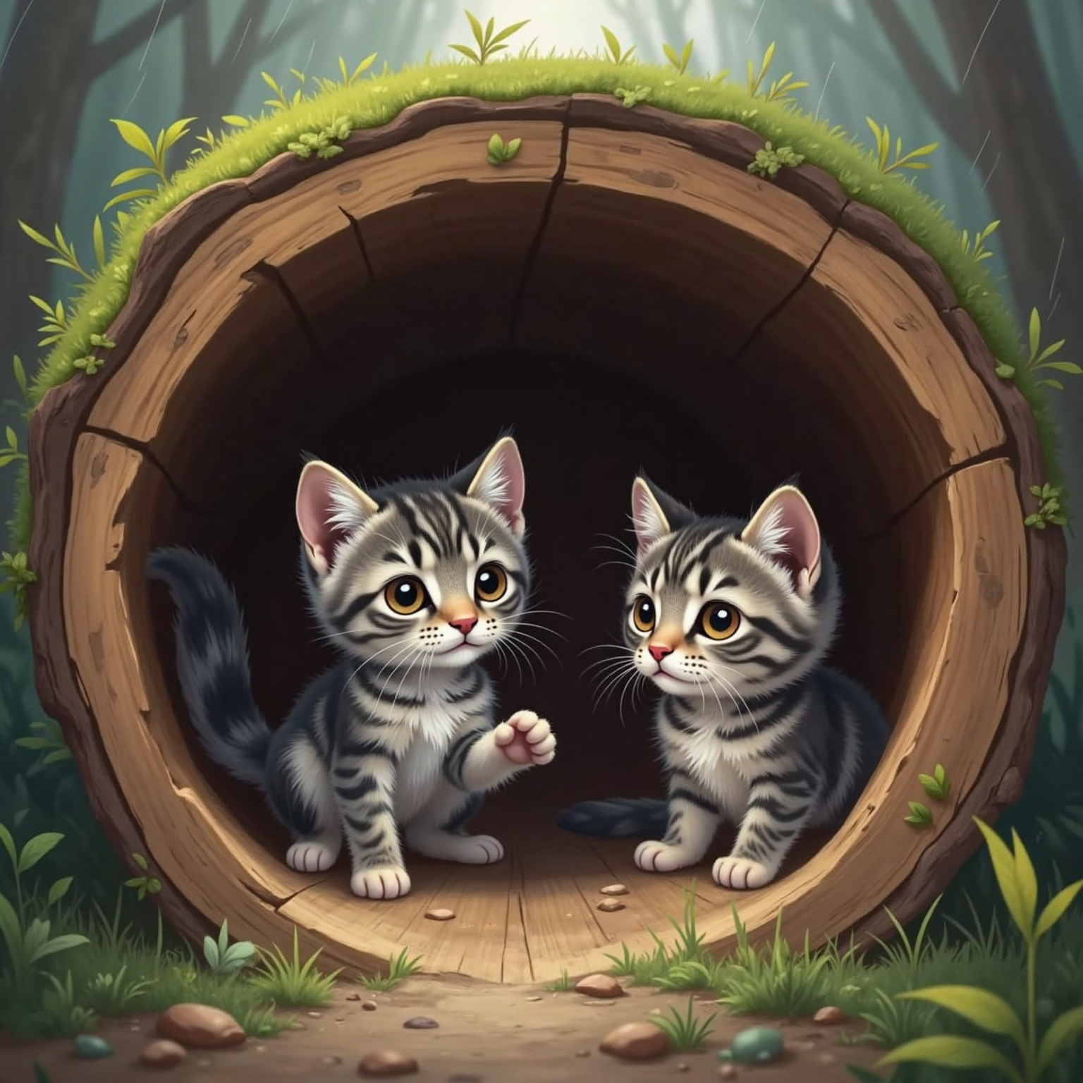 Inside a hollow log during a soft rain, Yoshi crouches near the entrance beckoning as Hiro squeezes past him. Thunder-lit droplets sparkle outside the rounded opening.