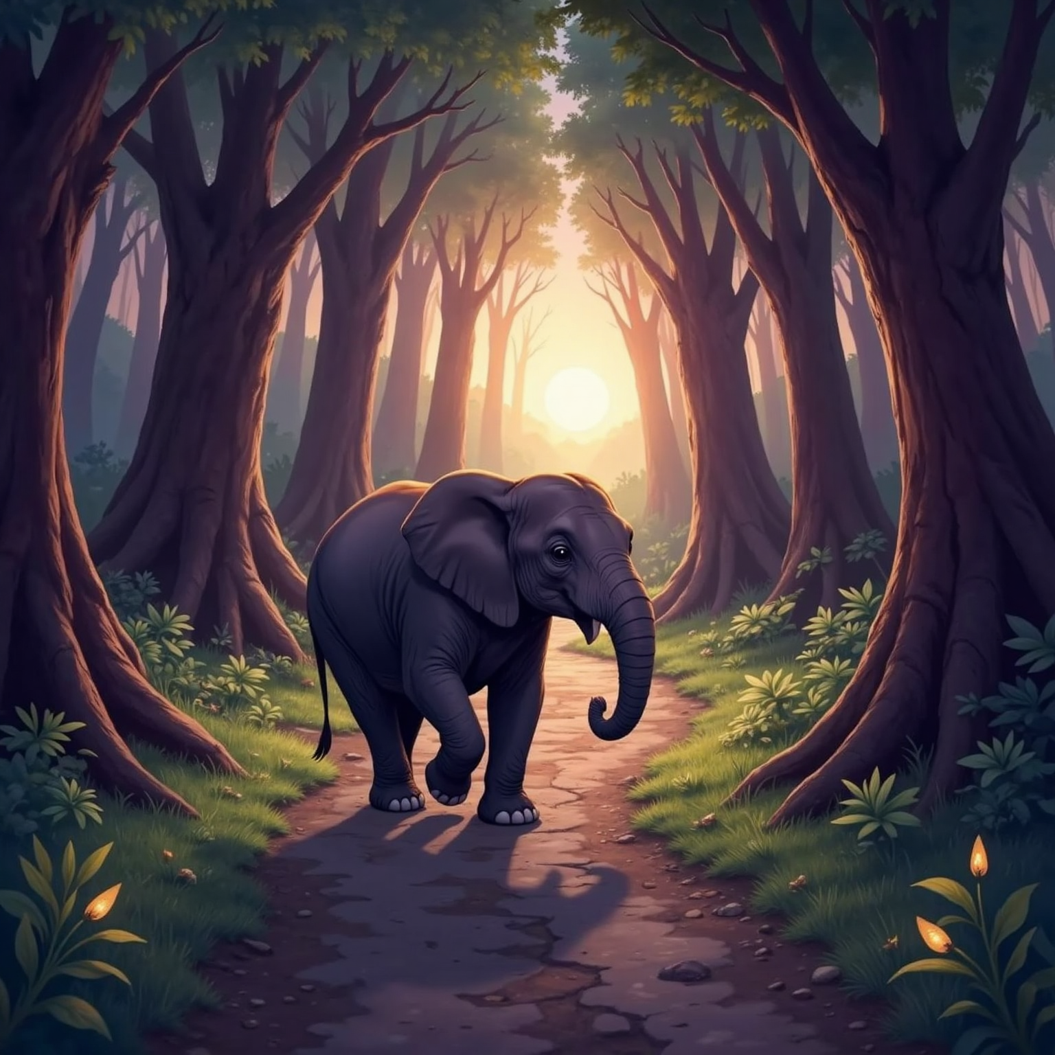 Outdoor forest path at dusk, long purple shadows stretch between towering trees. الفيل دهشان stands mid-trail, knees shaking, wide-eyed toward rustling bushes, faint orange sunset filtering through leaves.