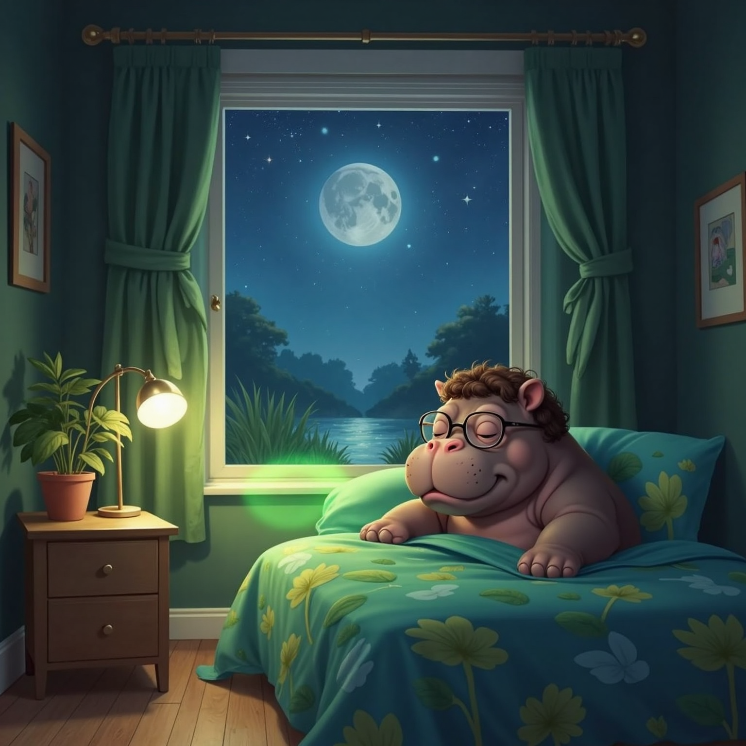 At night in Mikey's dim bedroom, a gentle green glow floats from his chest toward an open window, moonlight pooling on the floor. Mikey sleeps peacefully beneath a quilt, while stars glimmer outside the pane.