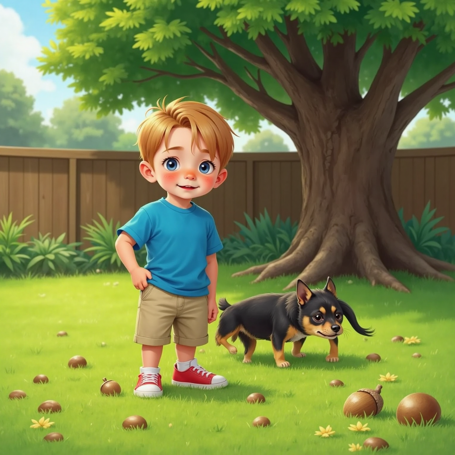 Brooks stands in the middle of a grassy backyard with sticks and acorns scattered all around. A tall tree is nearby. James the puppy is sniffing at the ground with his tail wagging.