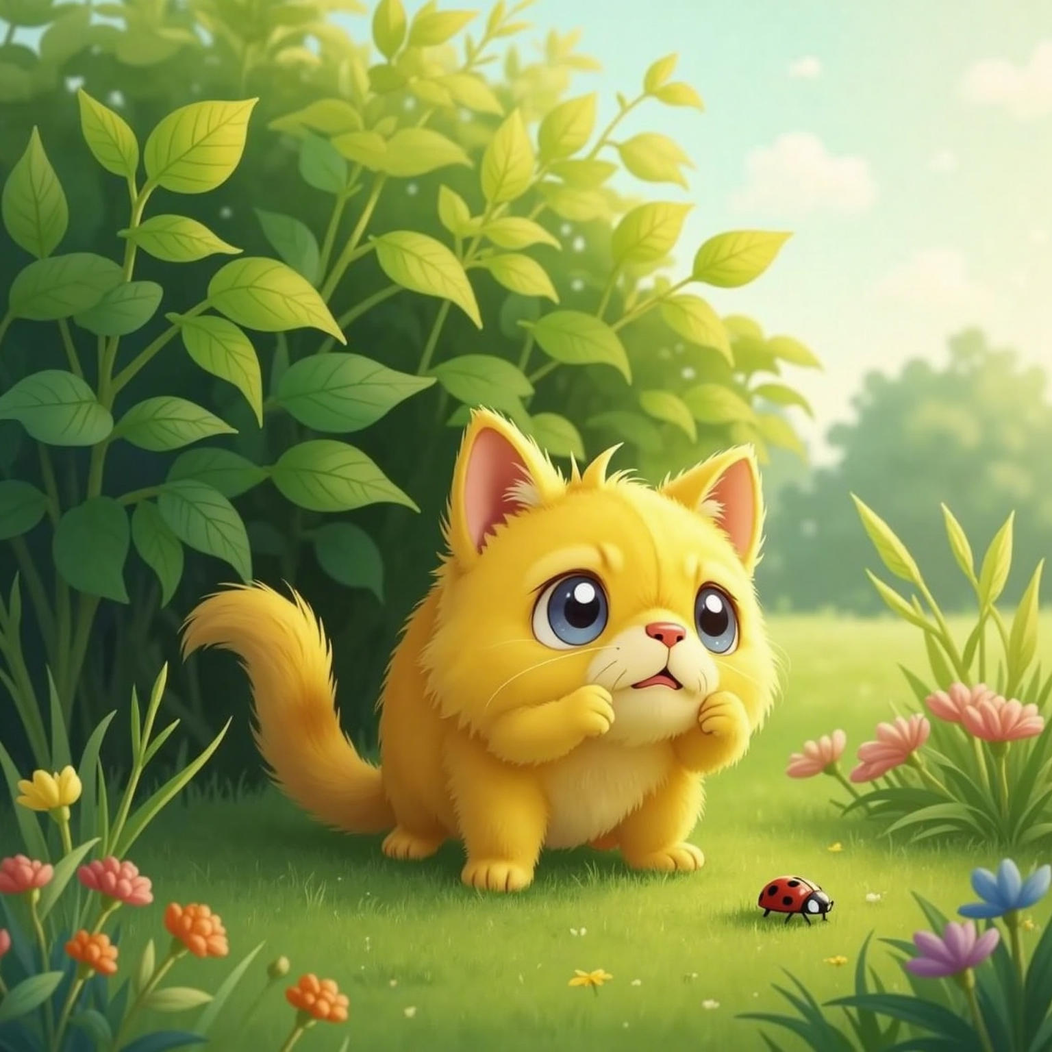 In a sunny meadow beside a leafy bush, Yelly crouches behind the foliage, tail drooping, eyes worried, morning light casting soft shadows.