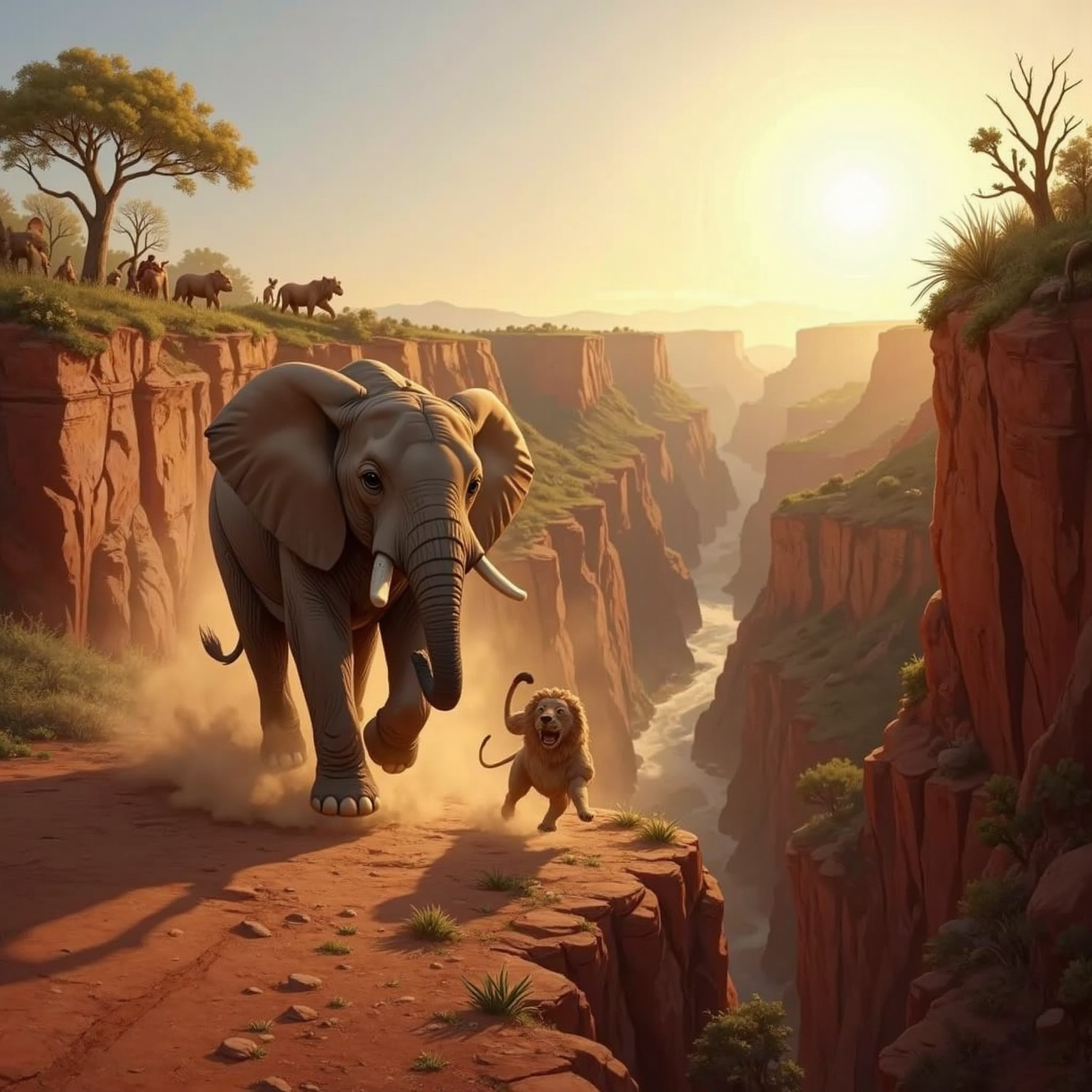 Sunlit canyon rim, late morning; الفيل دهشان dashes past a concealed pit, glancing back as الاسد المفترس plunges through leafy cover into the gorge. Dust rises while distant animals cheer from tree-lined bluff.