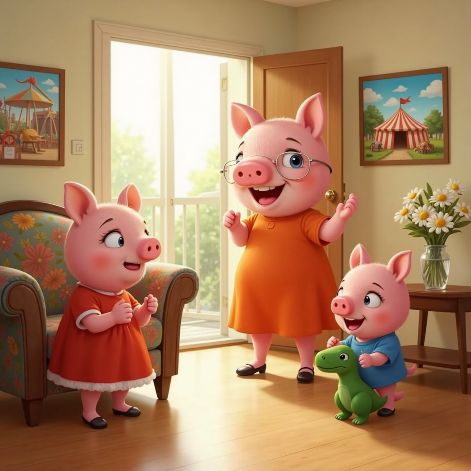 Sunlight streams through the living room window on a bright morning. Lily Pig claps joyfully near the doorway as Mummy Pig adjusts her orange dress and George Pig hugs his green toy dinosaur, all beaming and ready for the fair.