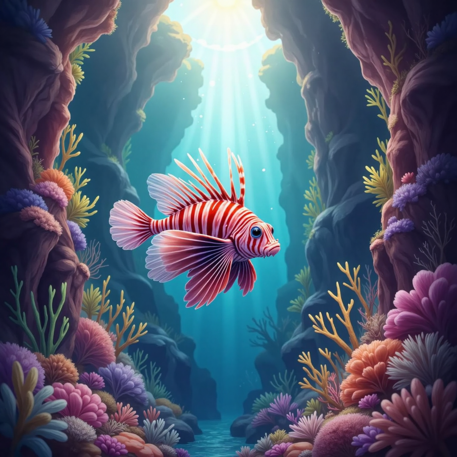 Through a twisting coral maze lit by pale, filtered light, Larry searches, tail flicking beside drifting algae fronds. Empty passages and popping bubble trails emphasize the unsettling silence.