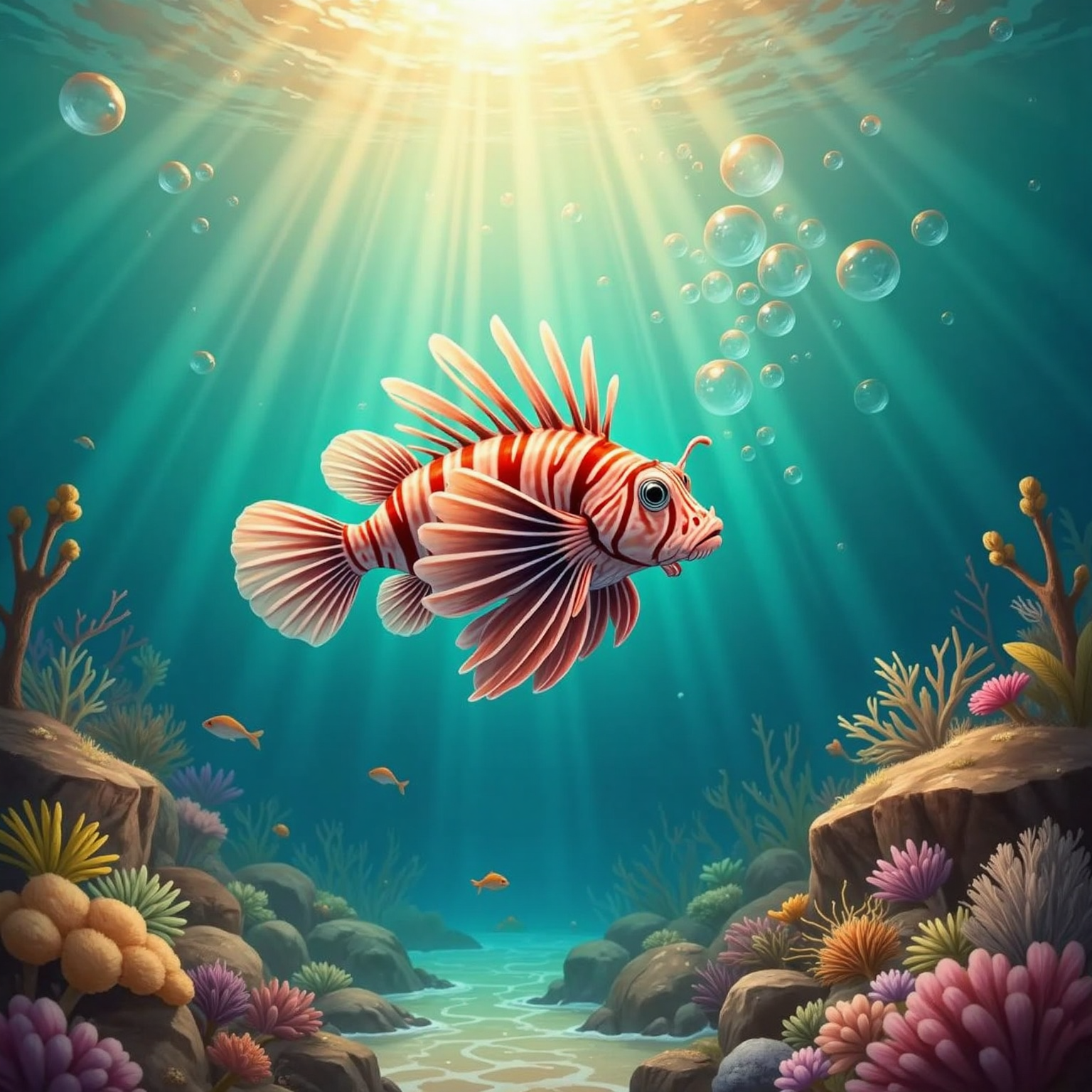 Mid-ocean above glowing corals, Larry spins a bubbly loop, celebrating news carried by a passing swell. Sunlit turquoise water glitters with suspended bubbles, creating a joyful, confetti-like backdrop.