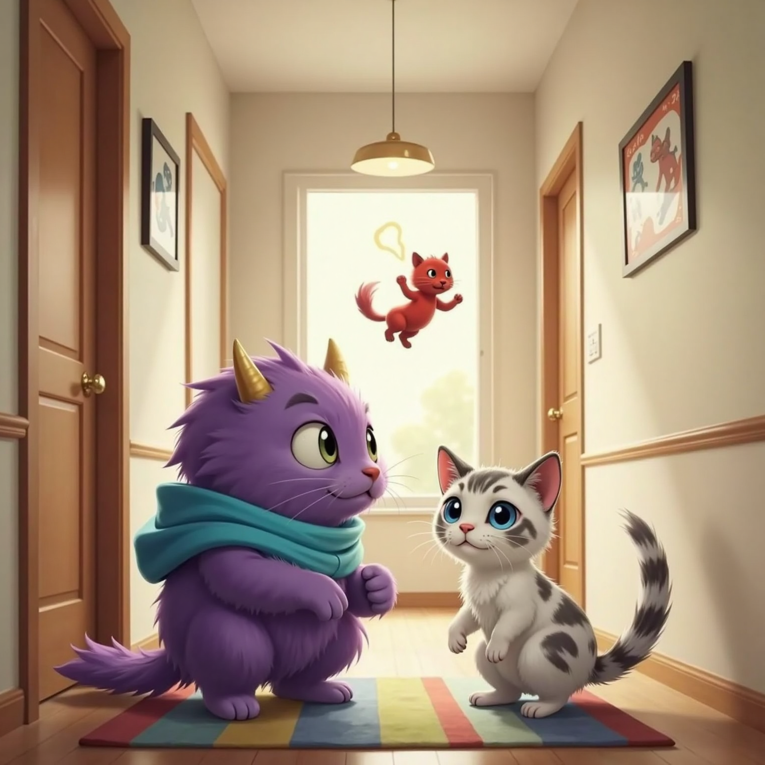 Inside the quiet hallway lit by soft morning sun, Rufi crouches, speaking gently to MIZU with open arms; MIZU steps aside happily, tail up, and a miniature ENOJO twirls in mid-air like an amused dancer.