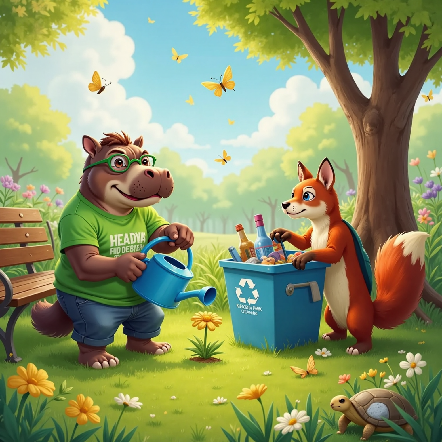 In a sunny park corner, Mikey gently tips a watering can onto a droopy yellow flower while David holds a litter bag and Max drops bottle caps into a recycling bin. The midday light makes colors vivid and hopeful.