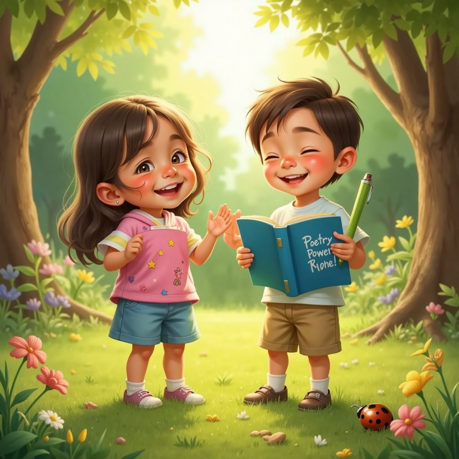Same garden clearing, late-afternoon light filters through branches; Aisha laughs, waving her colorful notebook, while Mustafa scribbles playful rhymes with a bright pen, both standing side-by-side clapping a lively beat on the open pages.