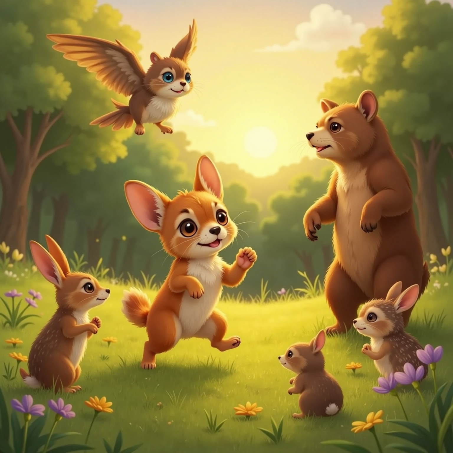 Golden sunset over a meadow near the forest; Fox leaps joyfully, paw outstretched to greet several curious rabbits and spiky hedgehogs. Behind him, Buff waves cheerfully while Fluffi hovers low, wings glowing in warm light.
