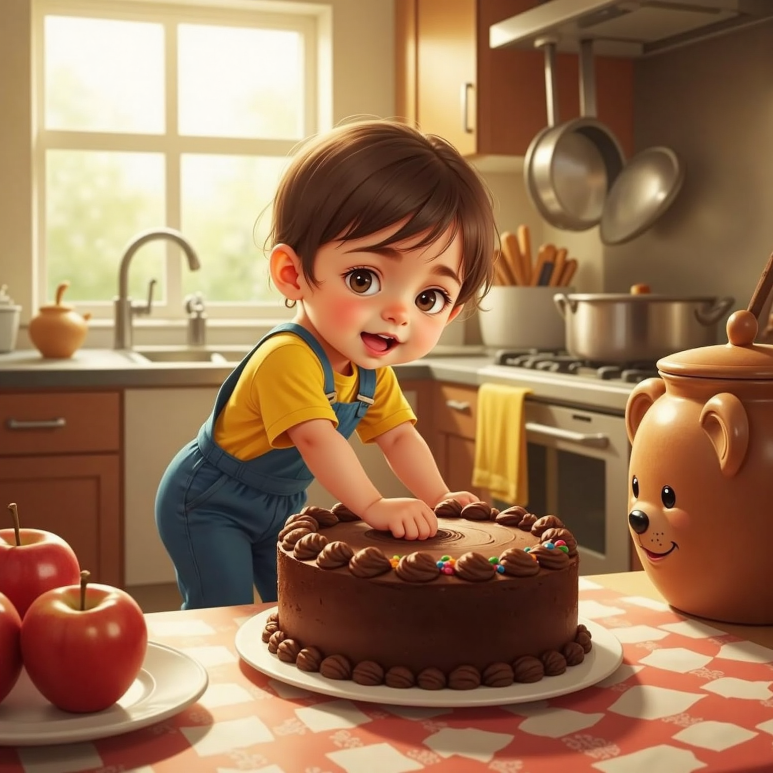 Inside a sunlit kitchen, chocolate cake cooling on the counter fills the air with aroma; Ali, eyes wide and curious, stands on tiptoe reaching a small hand toward the cake while glancing around nervously.