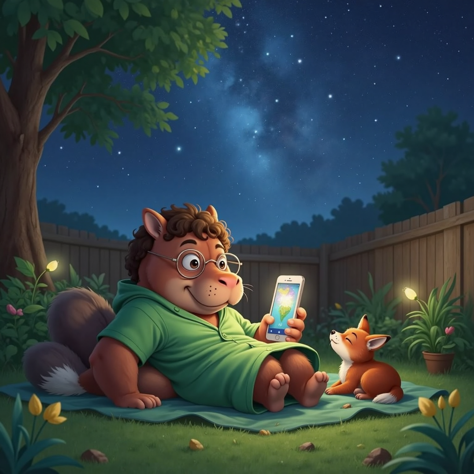 In the quiet backyard under a star-sprinkled sky, Mikey reclines on a blanket, smiling at a glowing phone screen while brown eyes turn upward to constellations. Nearby, David curls contentedly, tail tucked, moonlight silvering his fur.