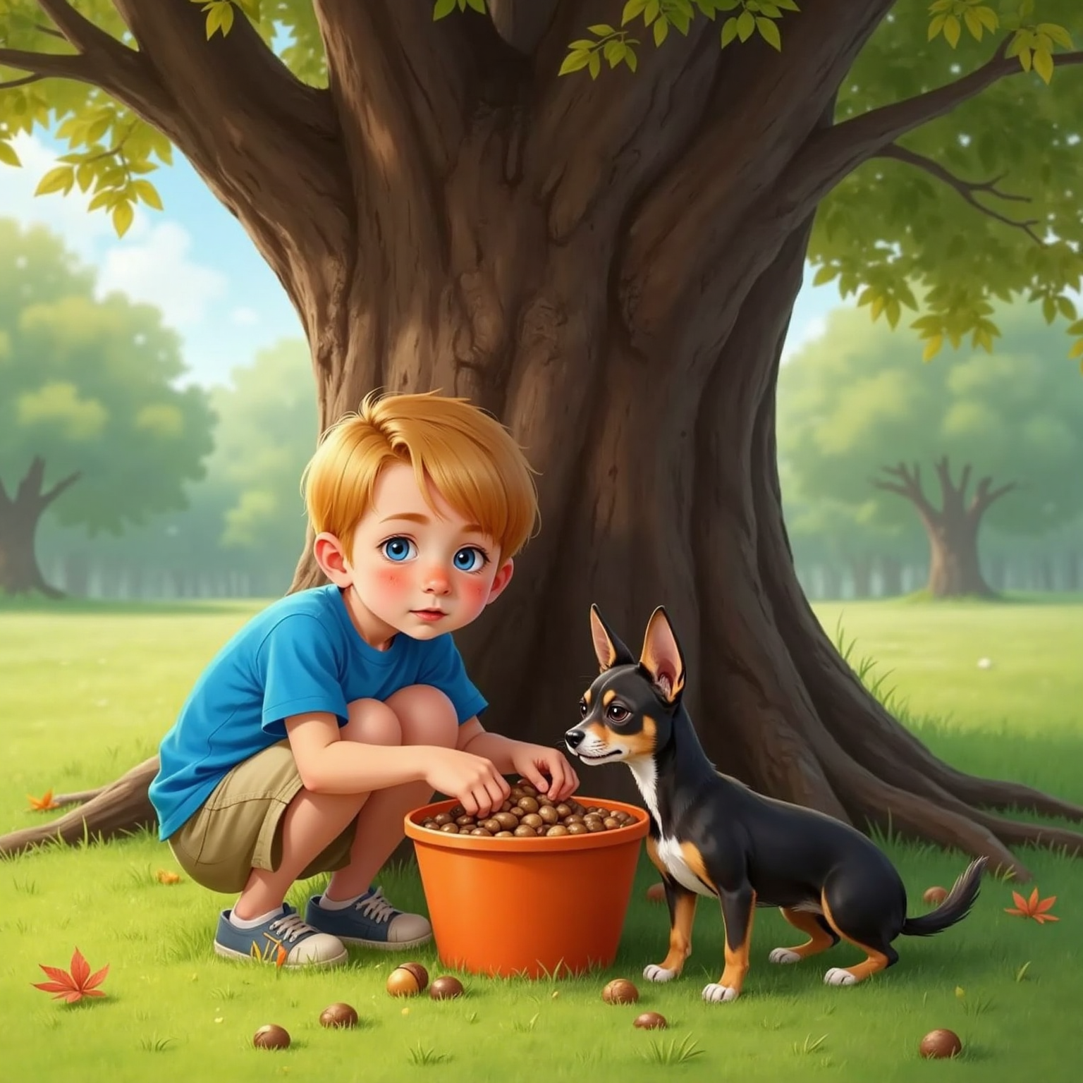 Beside a towering oak in the late-afternoon yard, Brooks kneels and tips acorns into an orange bucket. James sniffs the growing pile, ears perked.