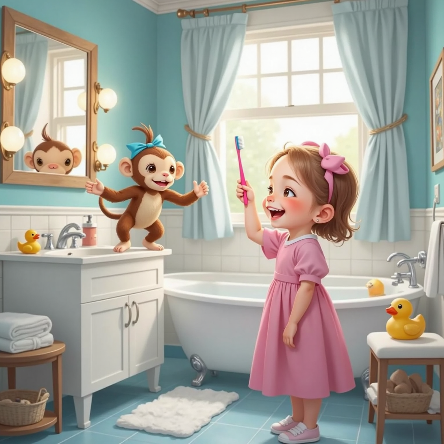 Bright bathroom lights gleam off the mirror as Lila pulls a fish-lip grin at her reflection, toothbrush mid-air, while a stuffed monkey with a blue bow balances on the sink performing an exaggerated dance.
