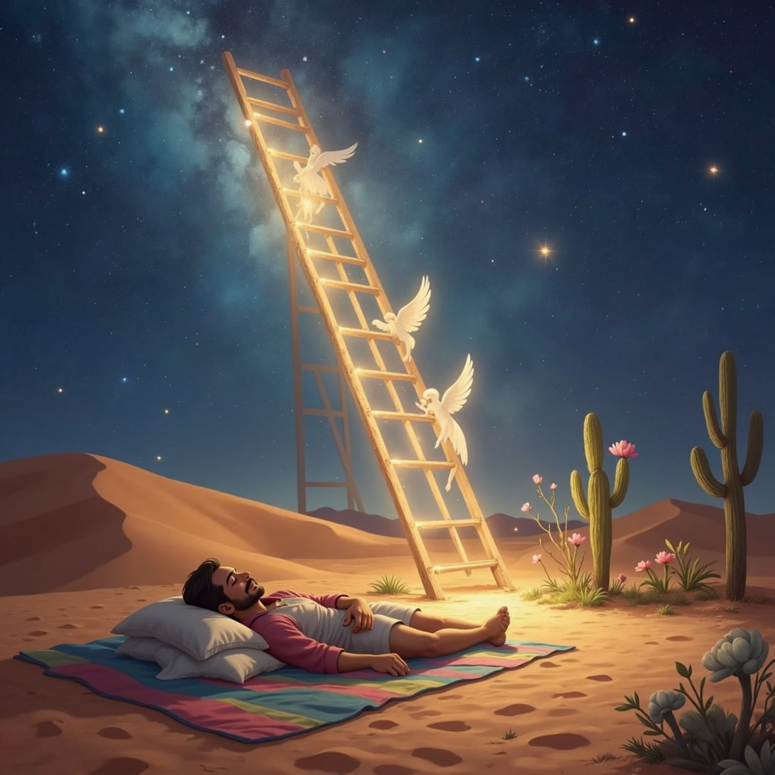 Within Jacó’s dream, a towering ladder rises from the desert floor beside his sleeping body, reaching into a starry sky where glowing angels move up and down like sparks, all under soft midnight light.