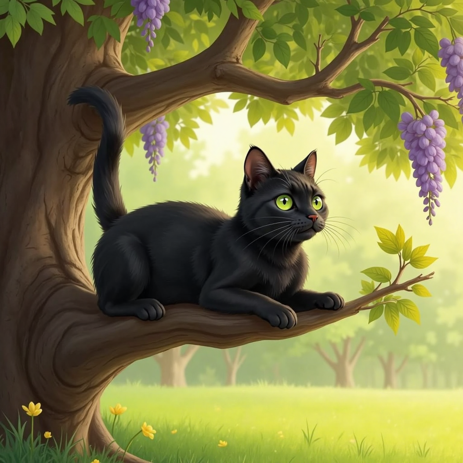 Smudgie is up a tree looking down on us, the tree has green leaves and some flowers