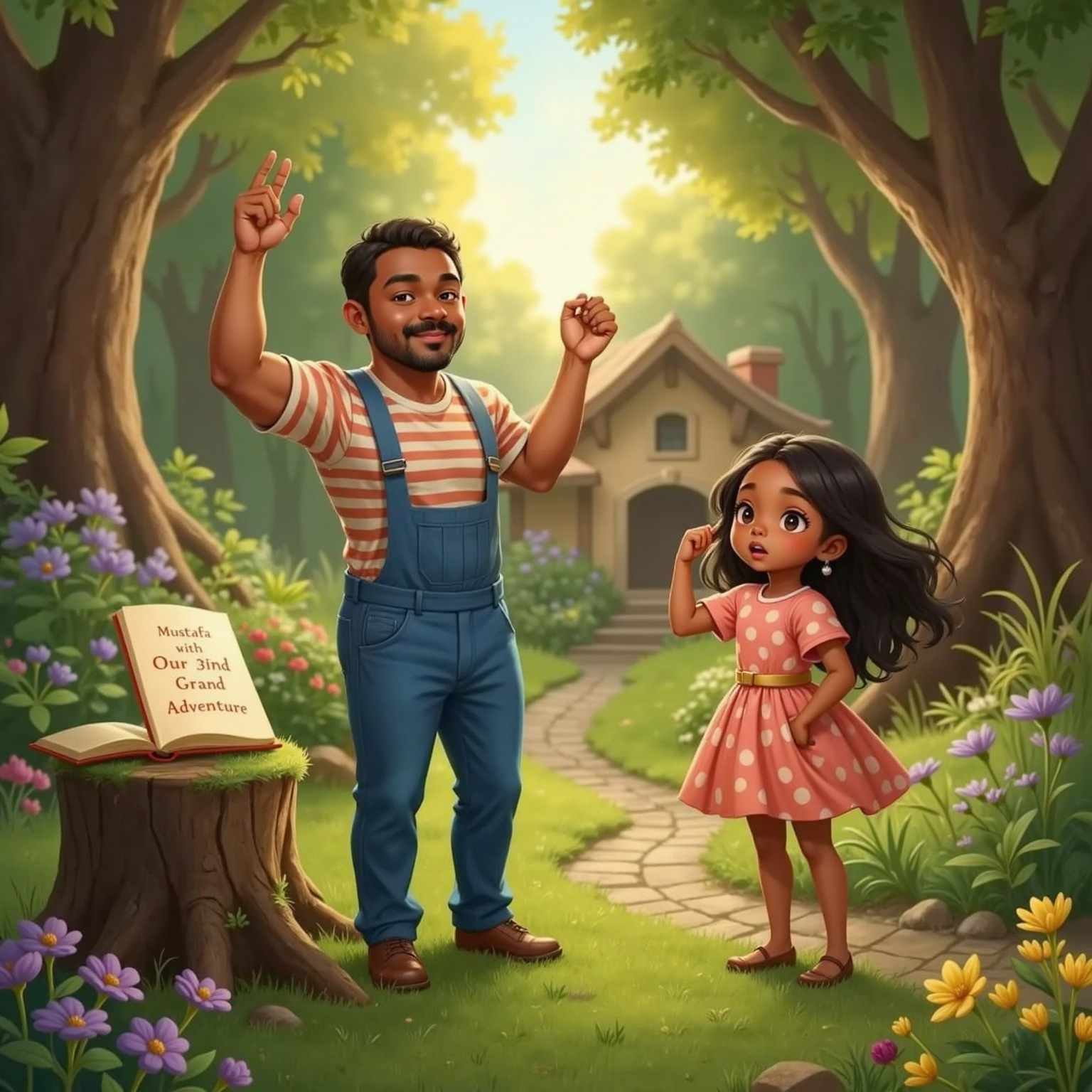 At the garden edge before tall trees, soft golden evening light; Mustafa recites their finished poem, arm raised proudly, while Aisha bows with a wide grin, open notebook resting on nearby stump, distant path leading home behind them.