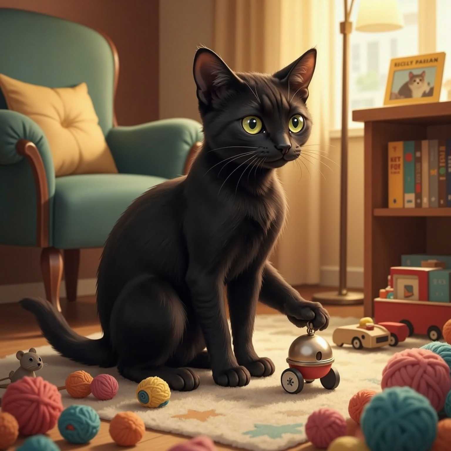 Toy corner of the living room under warm lamplight; Smudgie gently taps a tiny silver bell resting among scattered playthings, then sits motionless, expectant green eyes fixed forward.