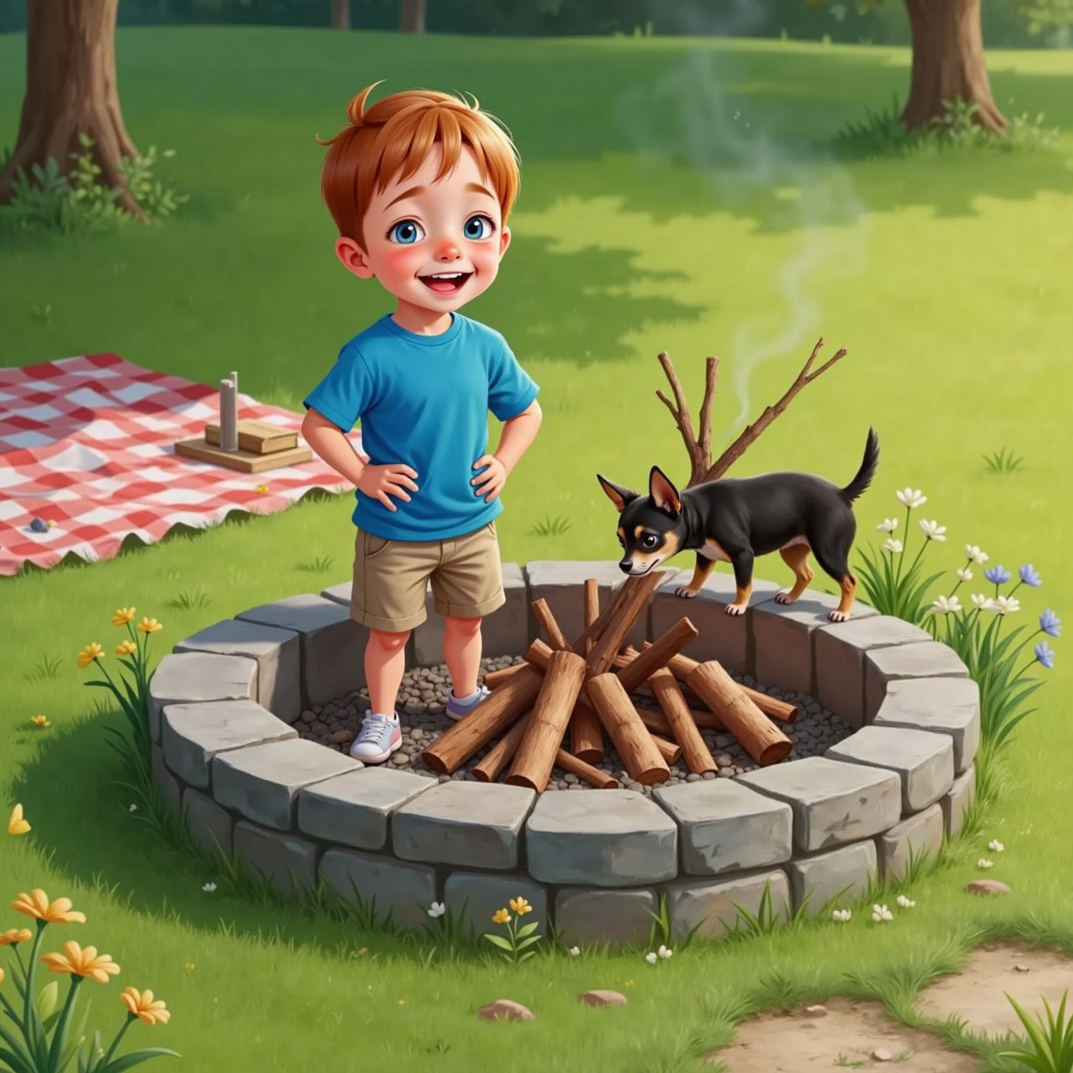 Beside the fire pit on a clear afternoon, Brooks stands laughing with hands on his hips. Neatly stacked logs rise next to the stones while James sniffs the earthy woodpile.
