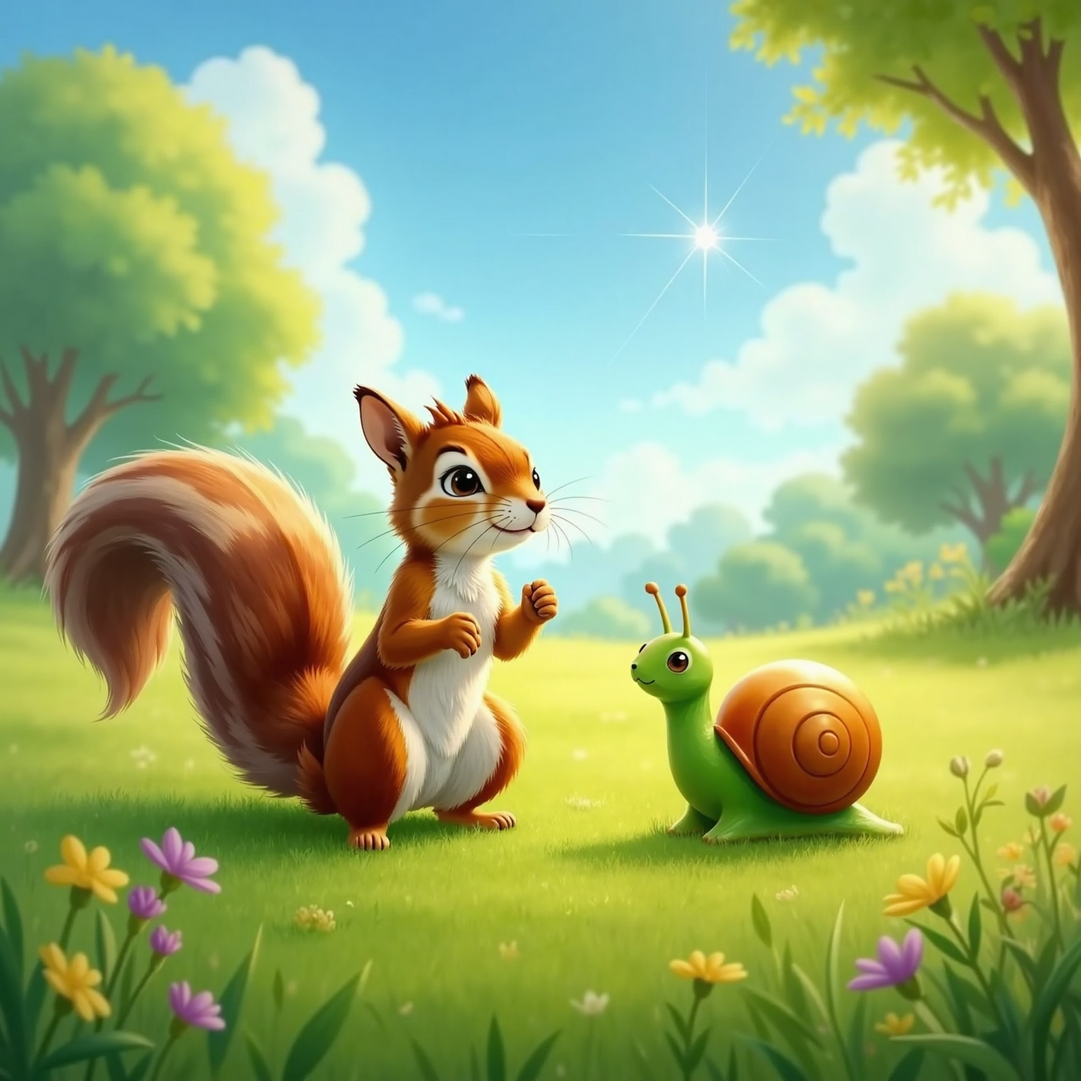 Still on the sunlit meadow, Sally kneels beside Snail who stretches proudly, both gazing upward. A single bright star twinkles in the blue daytime sky above them, golden light casting soft shadows across the grass.