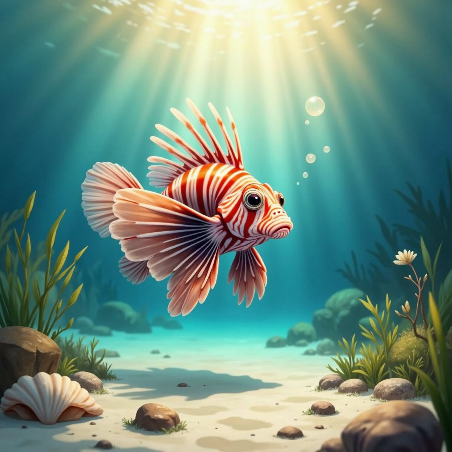 In a quiet sandy channel bathed in soft morning light, Larry hovers above rippled seabed, fins fluttering prayerfully toward a gentle current. Sparse seagrass and drifting shells emphasize the tranquil scene.