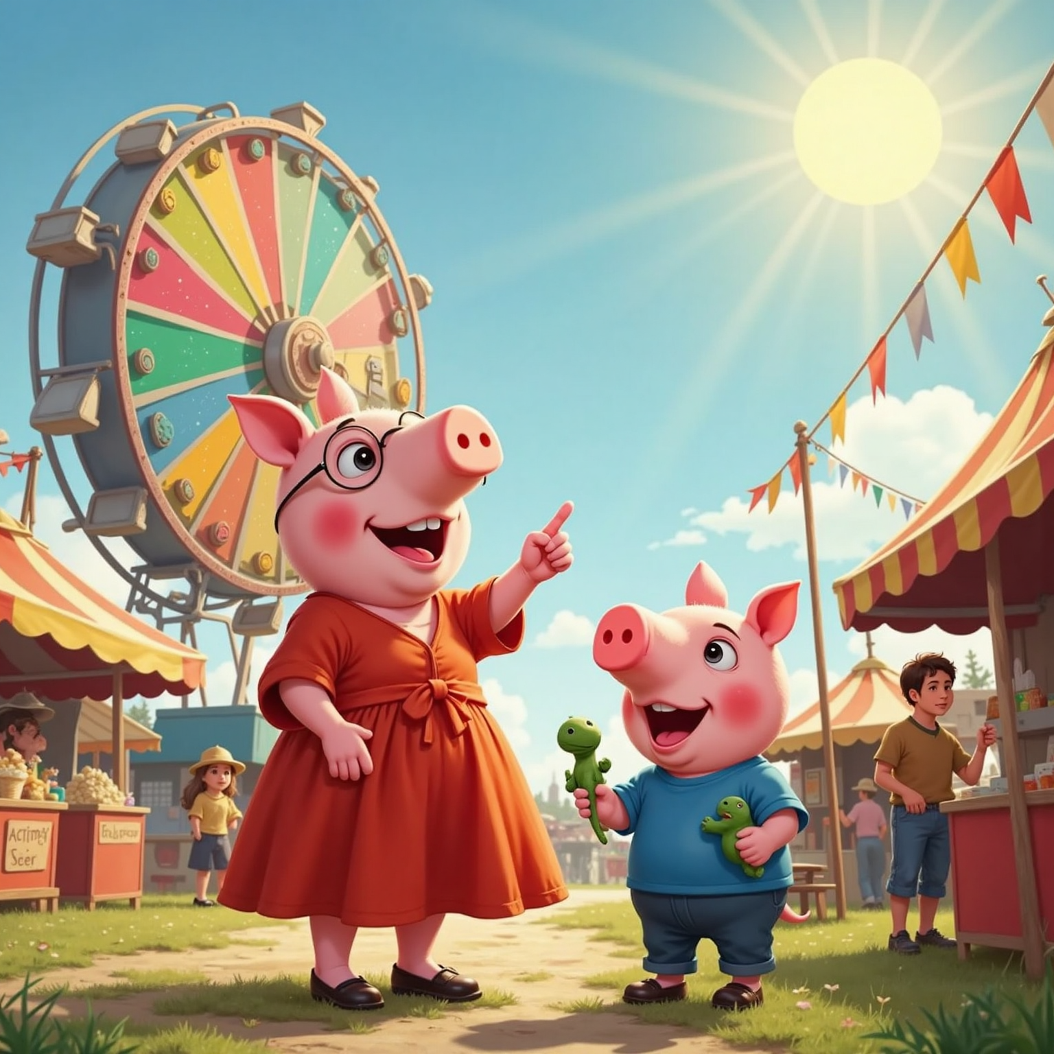 At the outdoor fair under bright midday sun, Lily Pig points excitedly at a towering rainbow-colored spinning wheel. Beside her, Mummy Pig holds both children's hands while George Pig hugs his green toy dinosaur, confetti flags fluttering around.