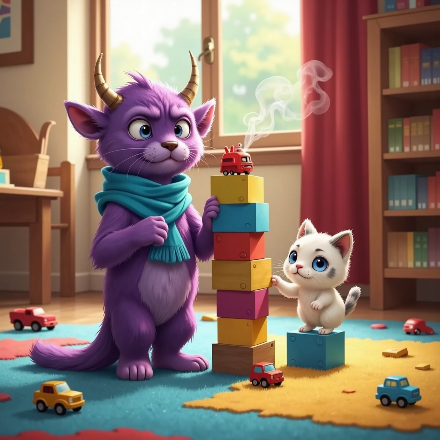 On the colorful playroom carpet under afternoon window light, Rufi frowns at a block tower, hand on scarf; ENOJO, pocket-sized, puffs a tiny cloud nearby, while MIZU nudges the stubborn block with his paw.