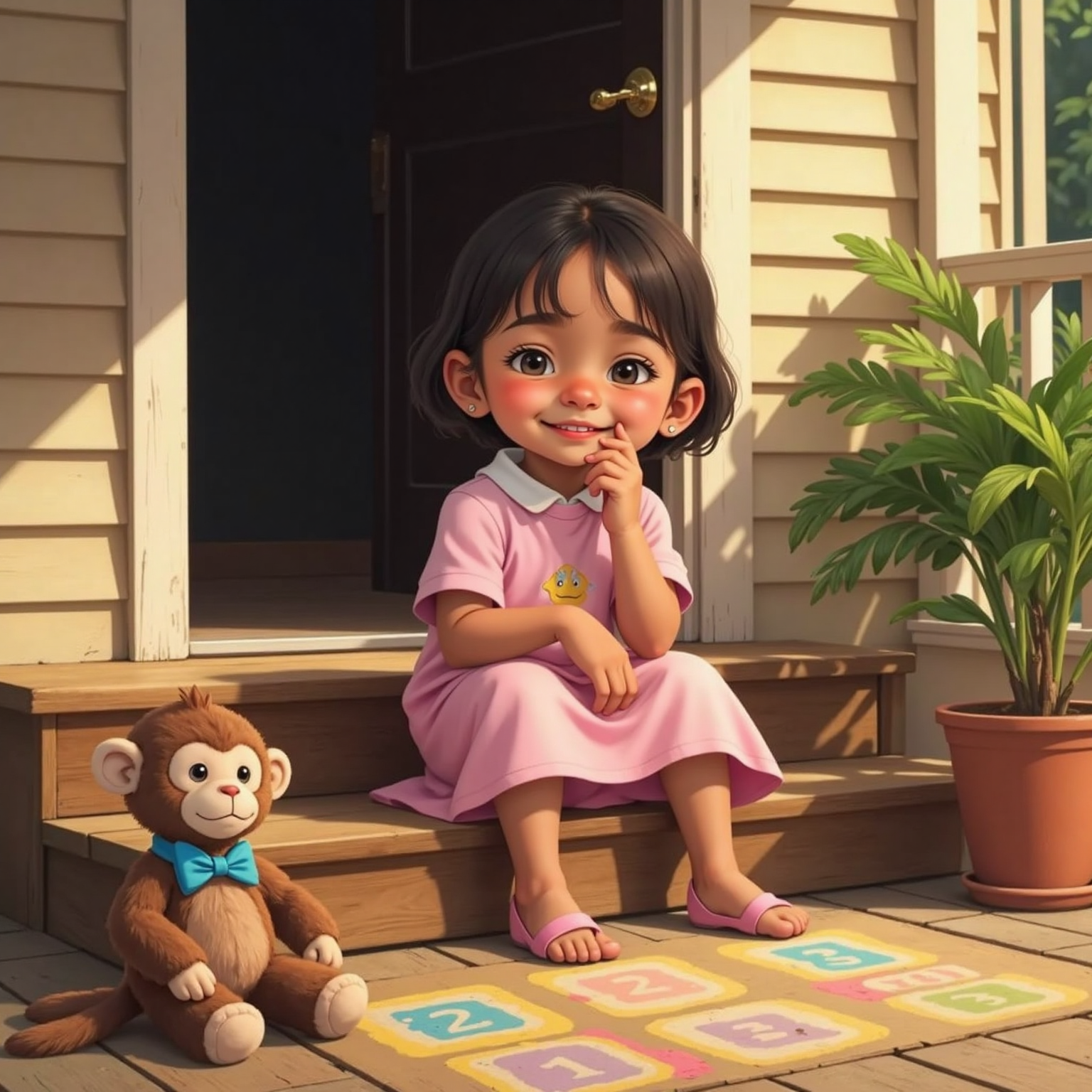 Late-afternoon light spills over the wooden porch steps; Lila sits cross-legged, eyes closed and hand to chin, while a stuffed monkey with a blue bow taps its chest beside her, chalk hopscotch squares fading on the boards.