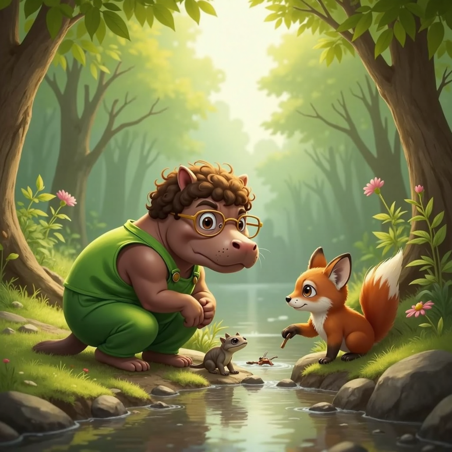 Along a leafy, shaded creek trail, Mikey crouches near a sun-warmed rock, admiring a still lizard, glasses glinting. Beside him David points toward faint turtle tracks in damp soil, dappled morning light filtering through branches.