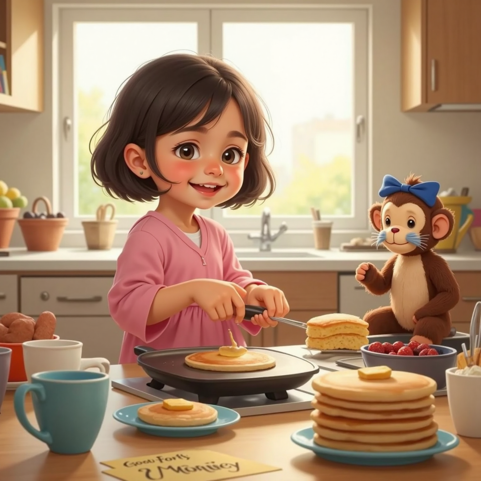 Morning sunlight warms the kitchen; Lila flips a smiley-face pancake over a sizzling griddle while a stuffed monkey with a blue bow, flour mustache on its stitched face, watches from the countertop.