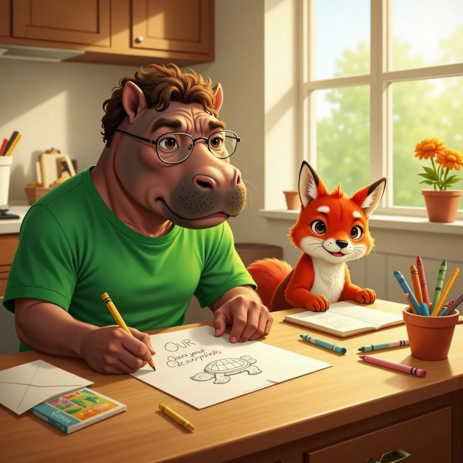 Inside a sunlit kitchen, Mikey and David sit at a wooden table covered in paper and crayons. Mikey writes carefully while David sketches a smiling turtle doodle; an open envelope and postage stamp wait nearby.