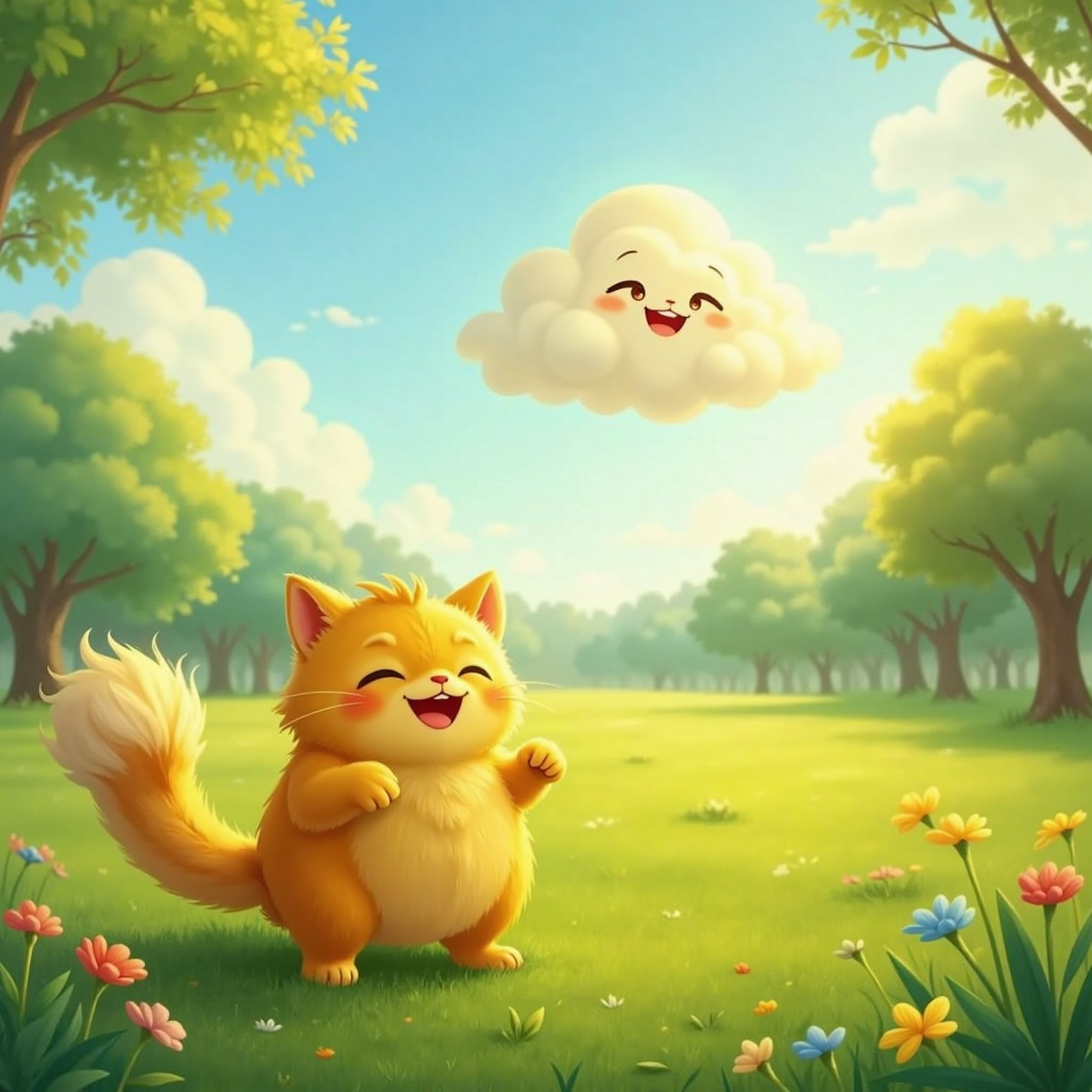 In golden late-day light over the meadow, Cloud spins in a playful swirl while Yelly looks up laughing, small smile growing, tail perking.