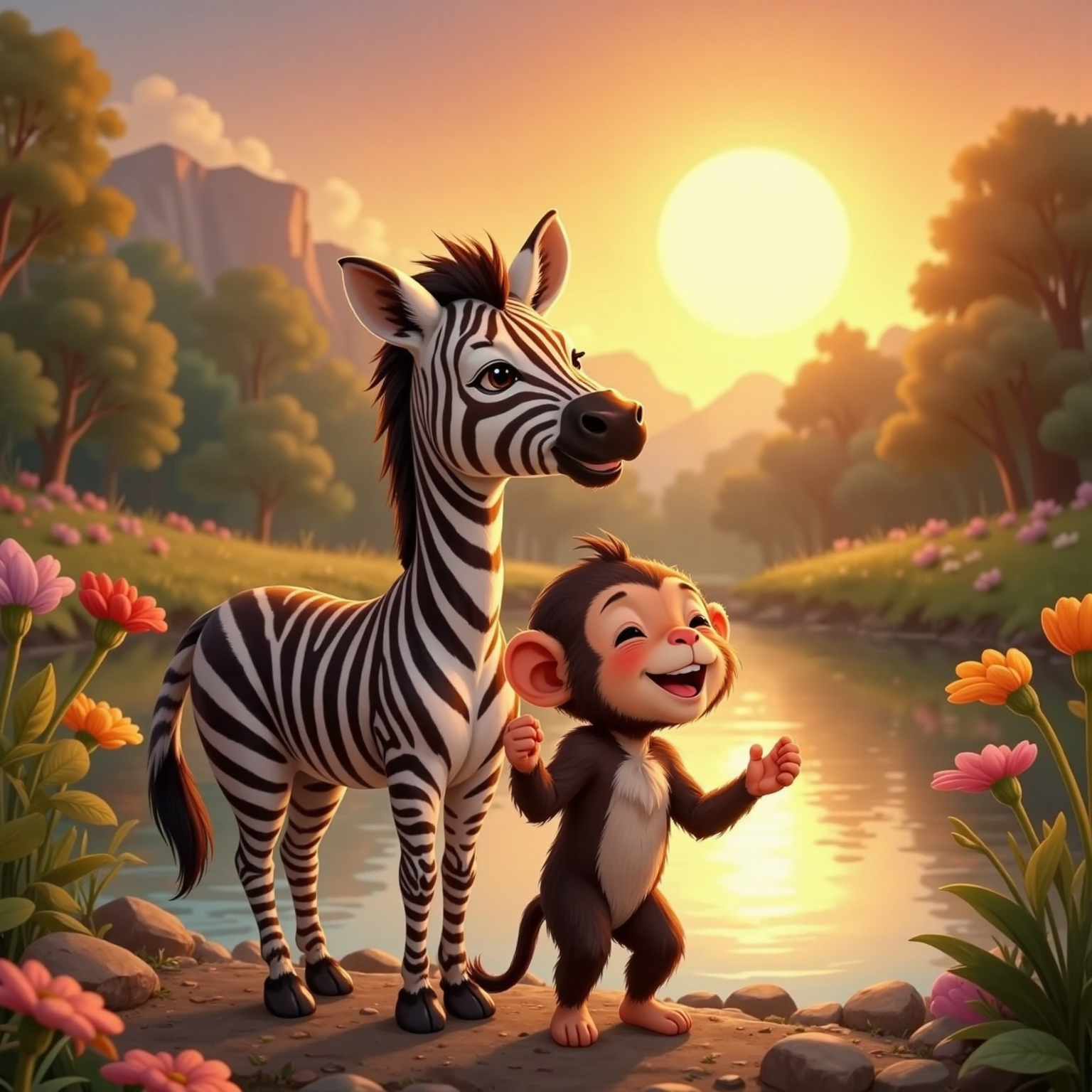Along a glowing riverside clearing at sunset, Sunny hangs low, casting fiery reflections on the water. Zibi and Chimi stand back-to-back singing in joyful duet, stripes and fur catching the warm light.