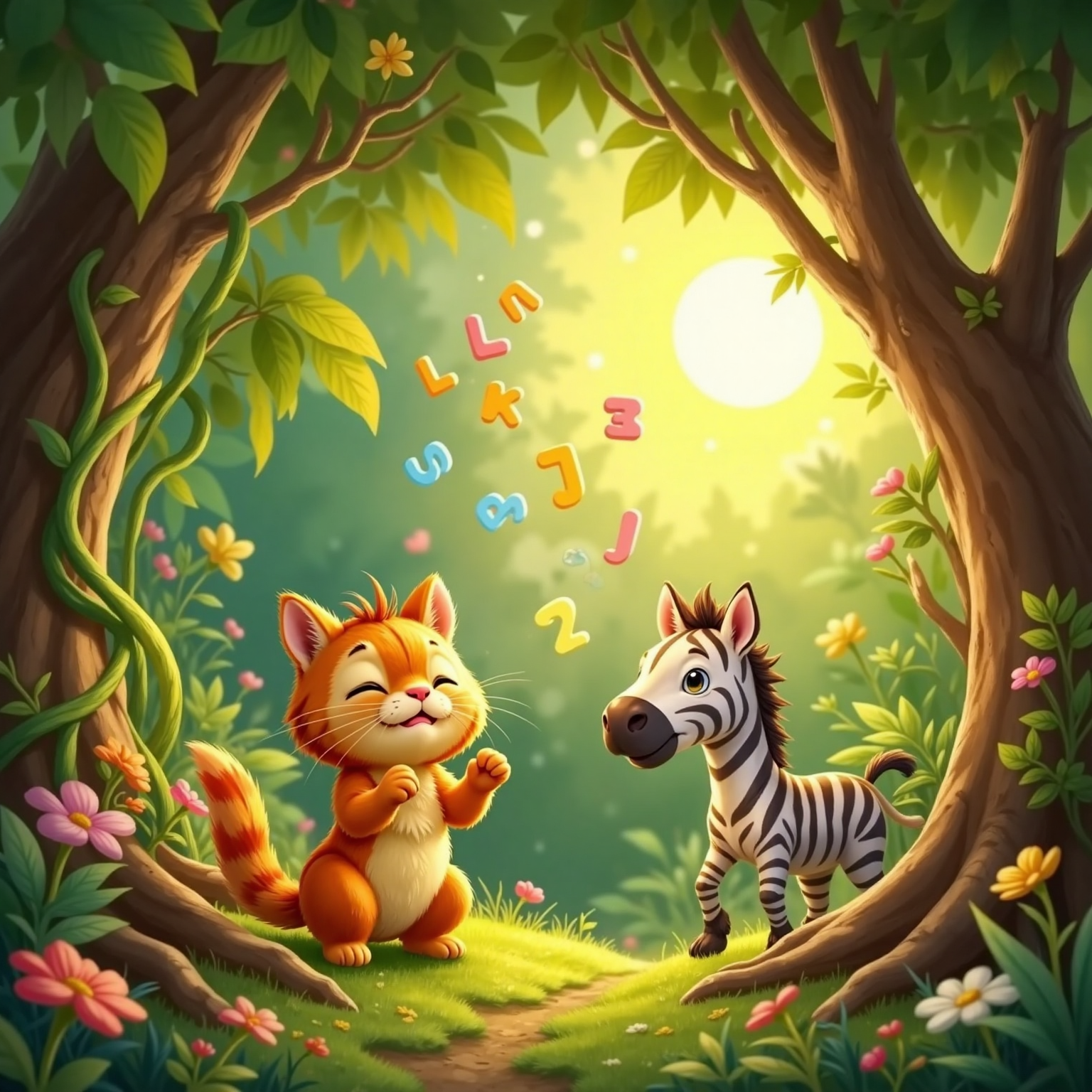 Under the bright jungle canopy, Sunny sings glowing alphabet letters. Kimi claps beside a vine while Zibi darts in a zigzag path between roots, leaving small dust swirls.